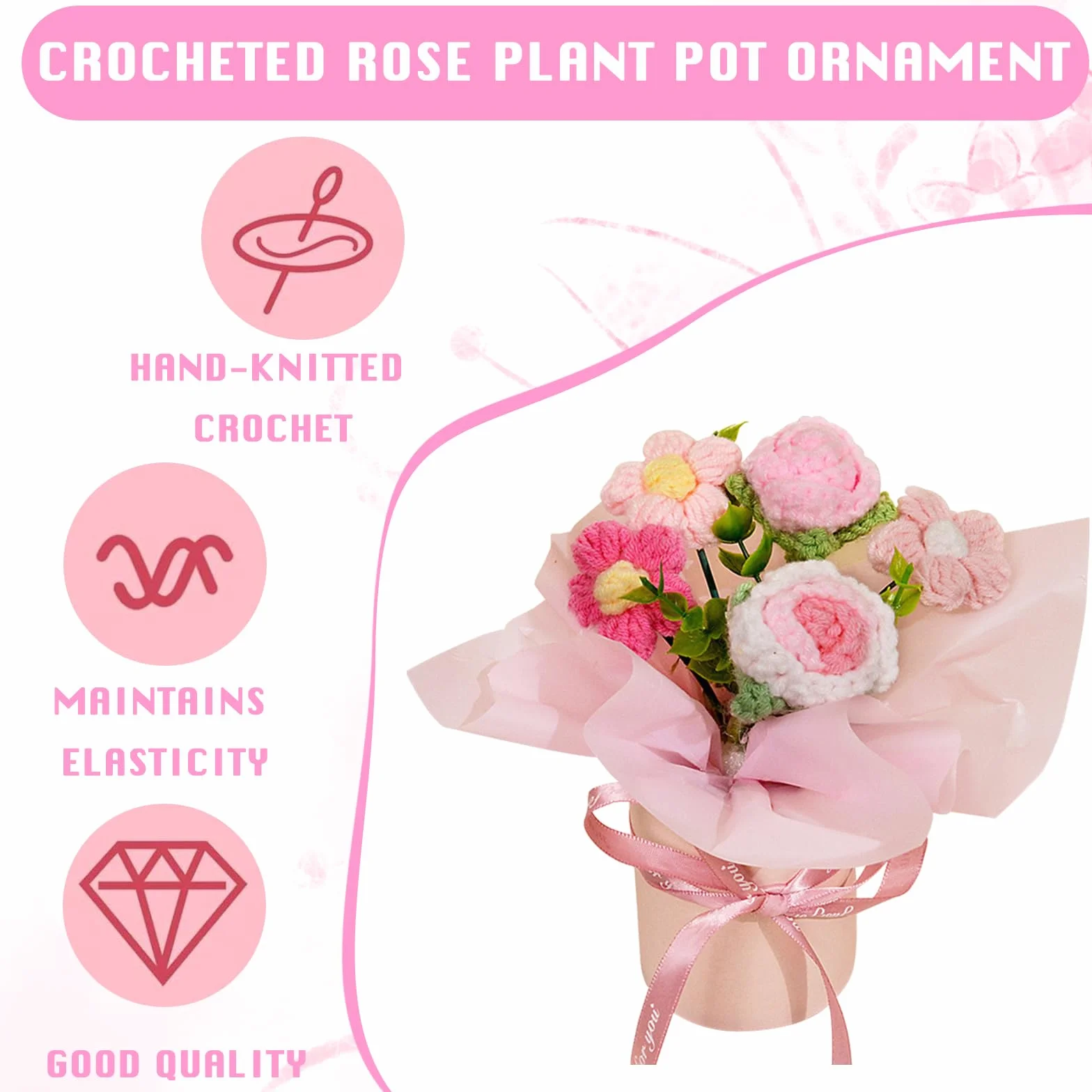 Ramo de Flores Ganchillo, Ramo de Flores de Punto Hecho a Mano, Flores Artificiales para cumpleaños, San Valentín, Regalos de Punto para Madre, Mujeres, Amigas