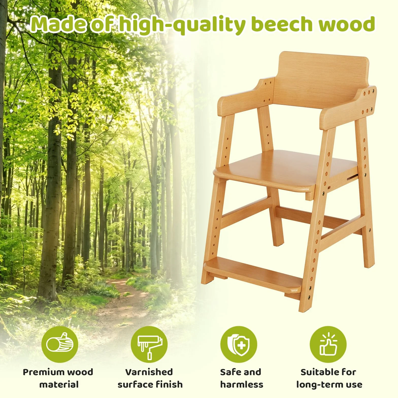 MAMIZO Silla para Niños Madera de Haya, Apta para Niños a Partir de 3 Años, con Altura Regulable y Cojín Cómodo, Silla de Comedor con Soporte hasta 120 kg, para Estudiar y Comer, Color Madera Natural