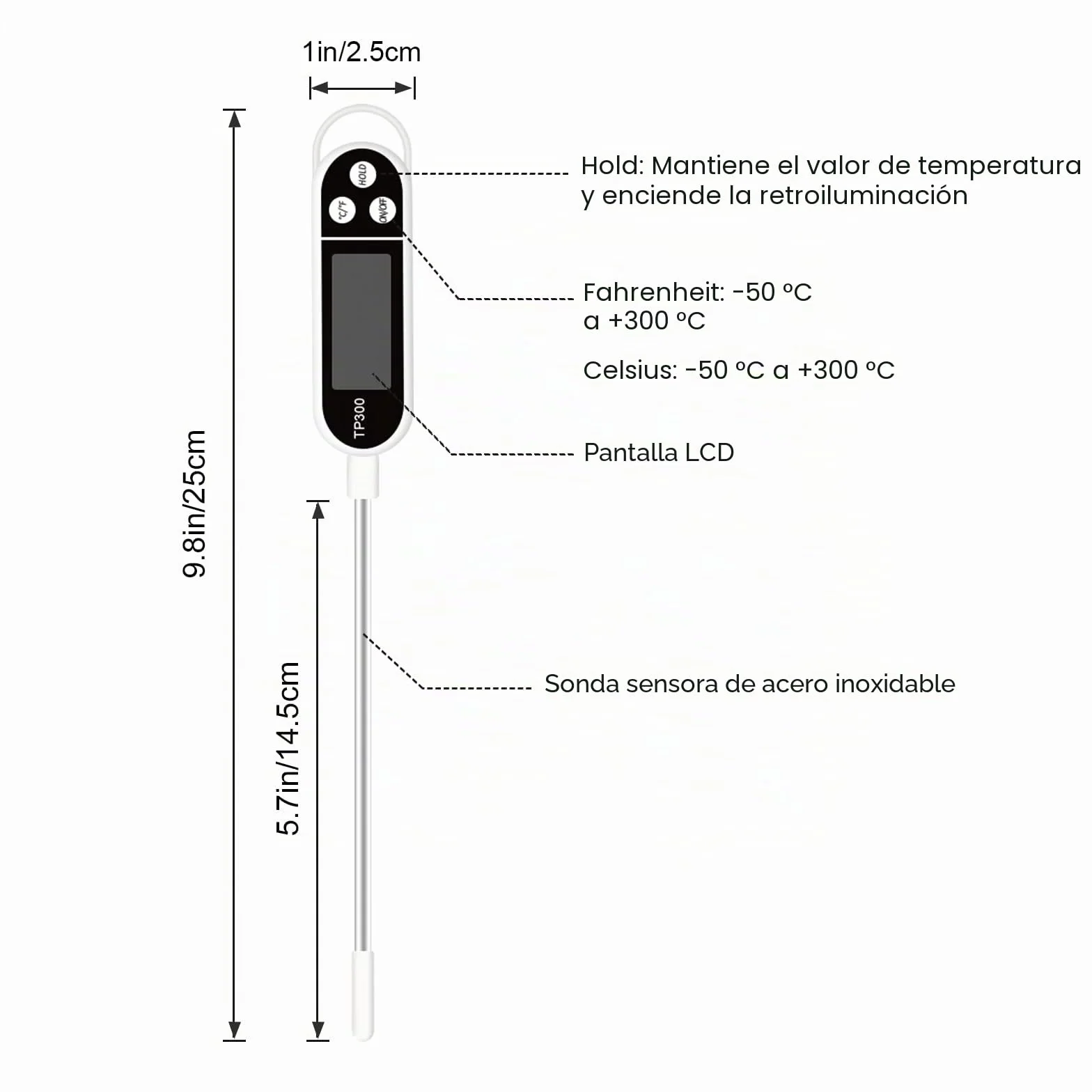 Jsdoin Termómetro Digital de Cocina, LCD Termómetro de Cocina con Sonda Larga, Termómetro Doméstico para Carne, BBQ, Comida, Horno, Liquidos, Aceite, Agua