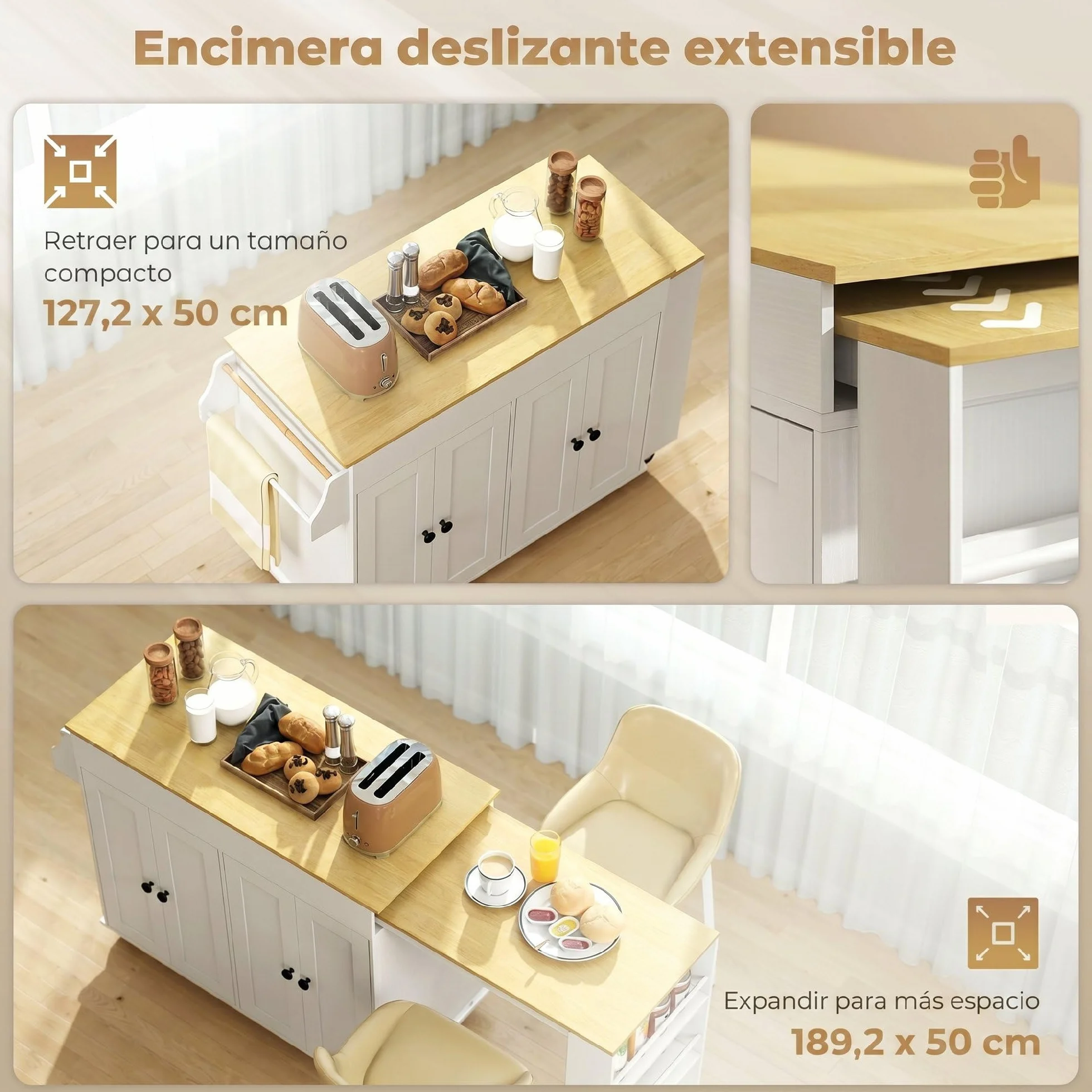 HOMCOM Isla de Cocina con Ruedas, Encimera Extensible, Carro de Cocina con 4 Puertas, Estantes Ajustables, Estantería Lateral Abierta, Especiero y Soporte para Toallas, para Comedor, Blanco