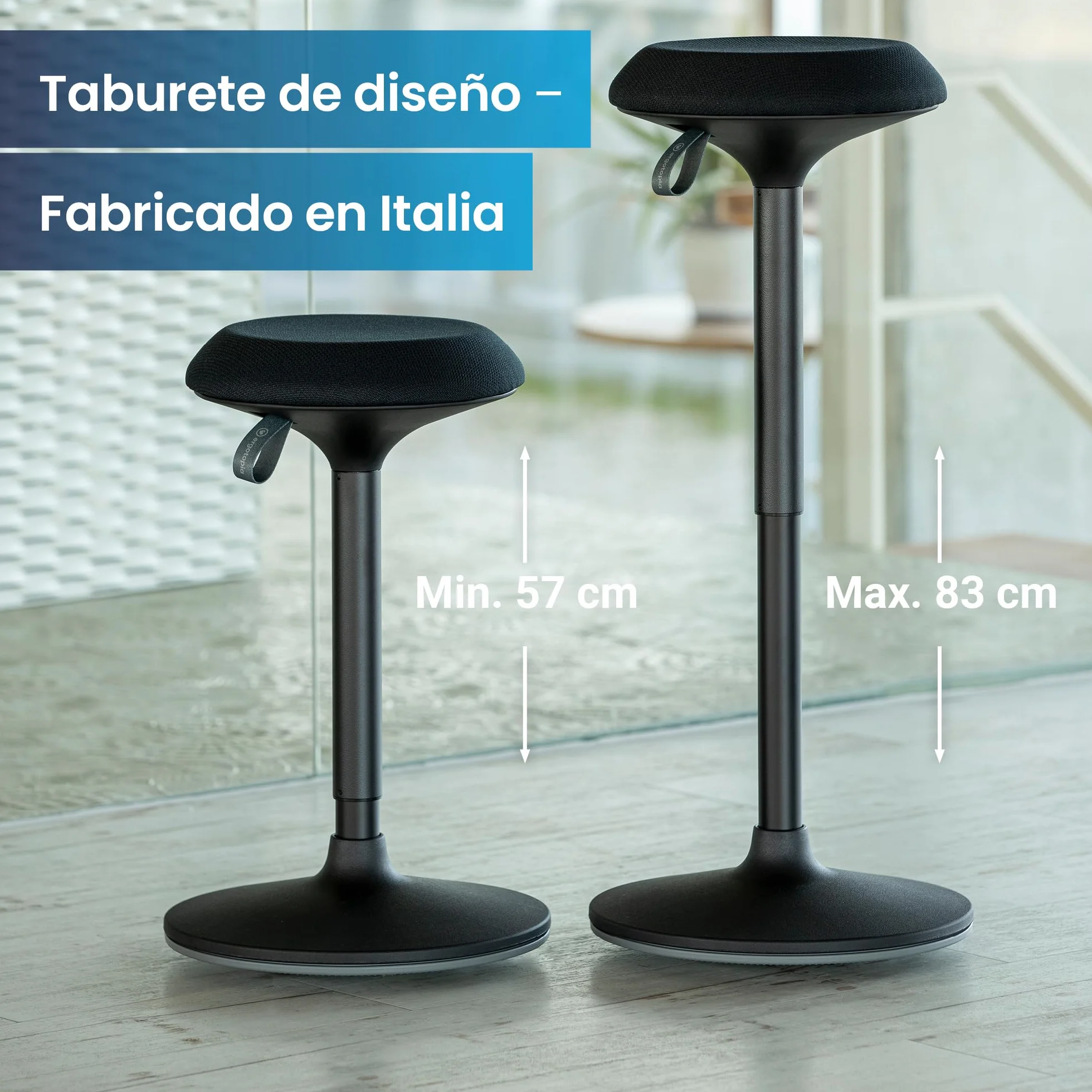 Ergotopia Dykó Taburete ergonómico oficina efecto oscilante altura asiento regulable 56-83 cm giratorio 360° soporte dinámico