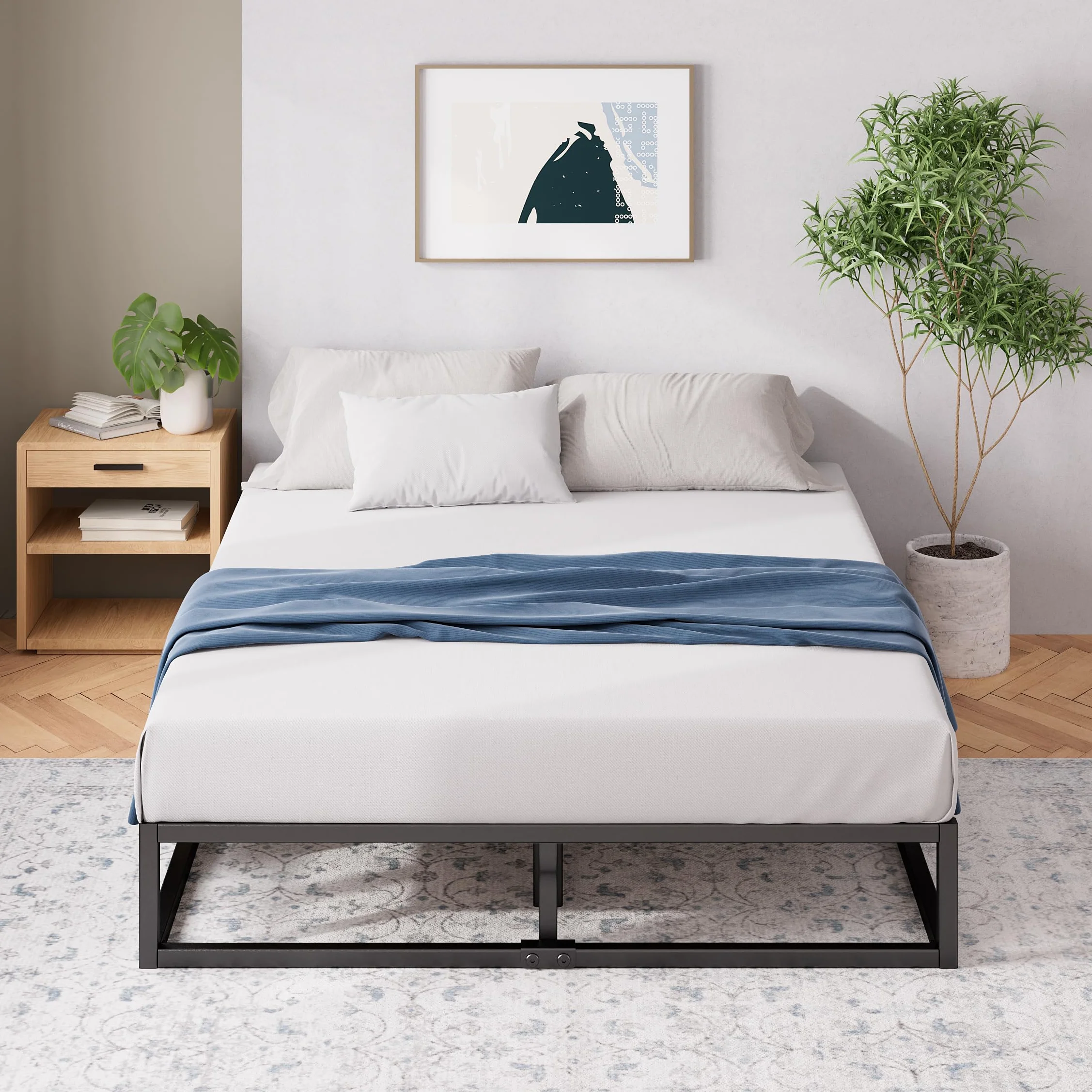 Zinus Joseph Somier 135x190 cm - Altura 25 cm - Base Cama Matrimonio en Acero - Láminas de Madera - Montaje Fácil- Espacio de Almacenamiento - Negro