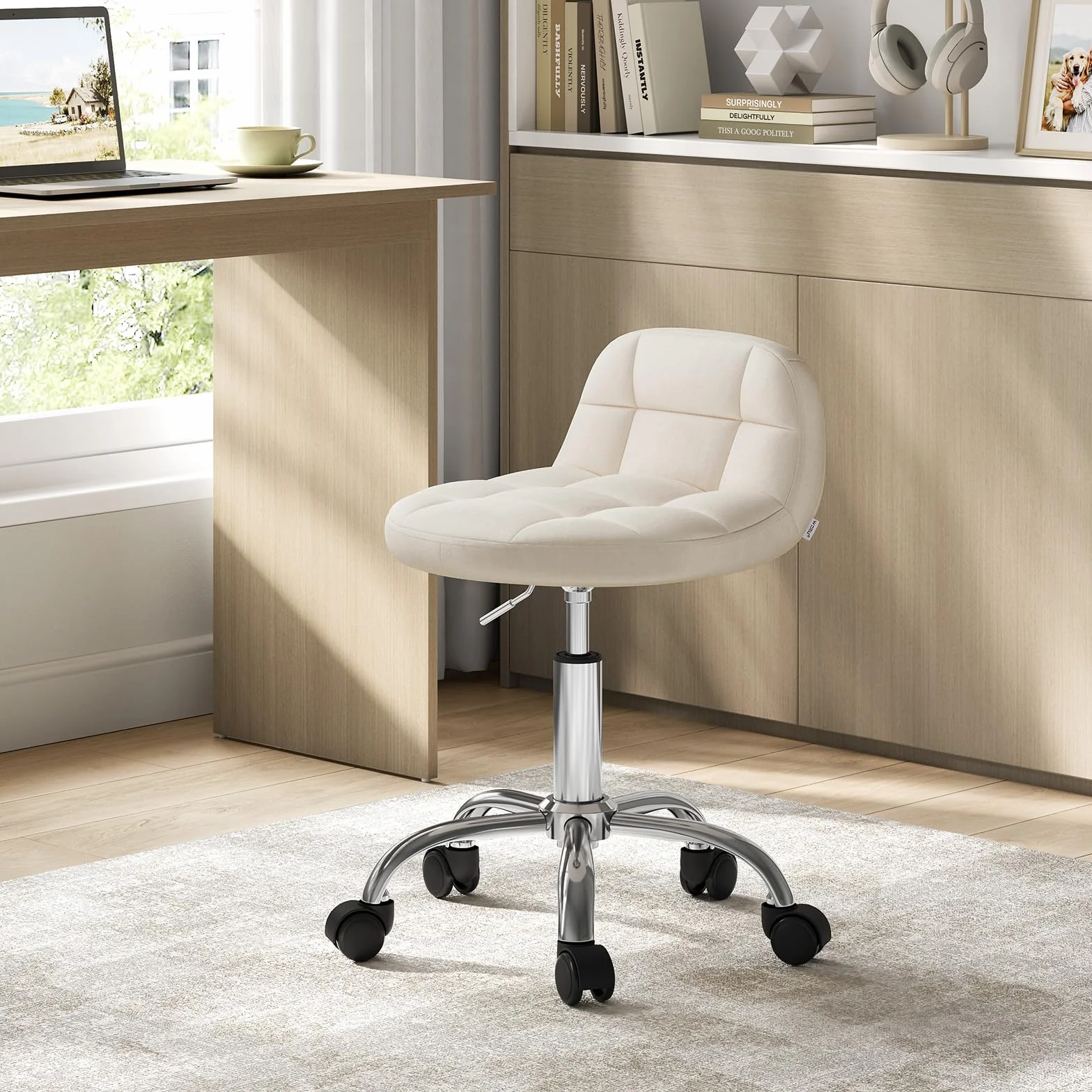 WOLTU Silla de Tocador Terciopelo, Taburete Giratorio con Respaldo Bajo, Altura Regulable 43,5-55 cm, Estructura Metálica Crema