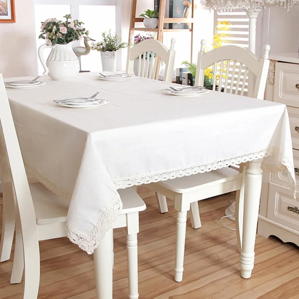 IsolaY Mantel de Lino y poliéster con Borde de Encaje, Mantel Rectangular con borlas para Cocina, Comedor, Mesa, decoración del hogar, con Cordones Blancos, 140x140cm