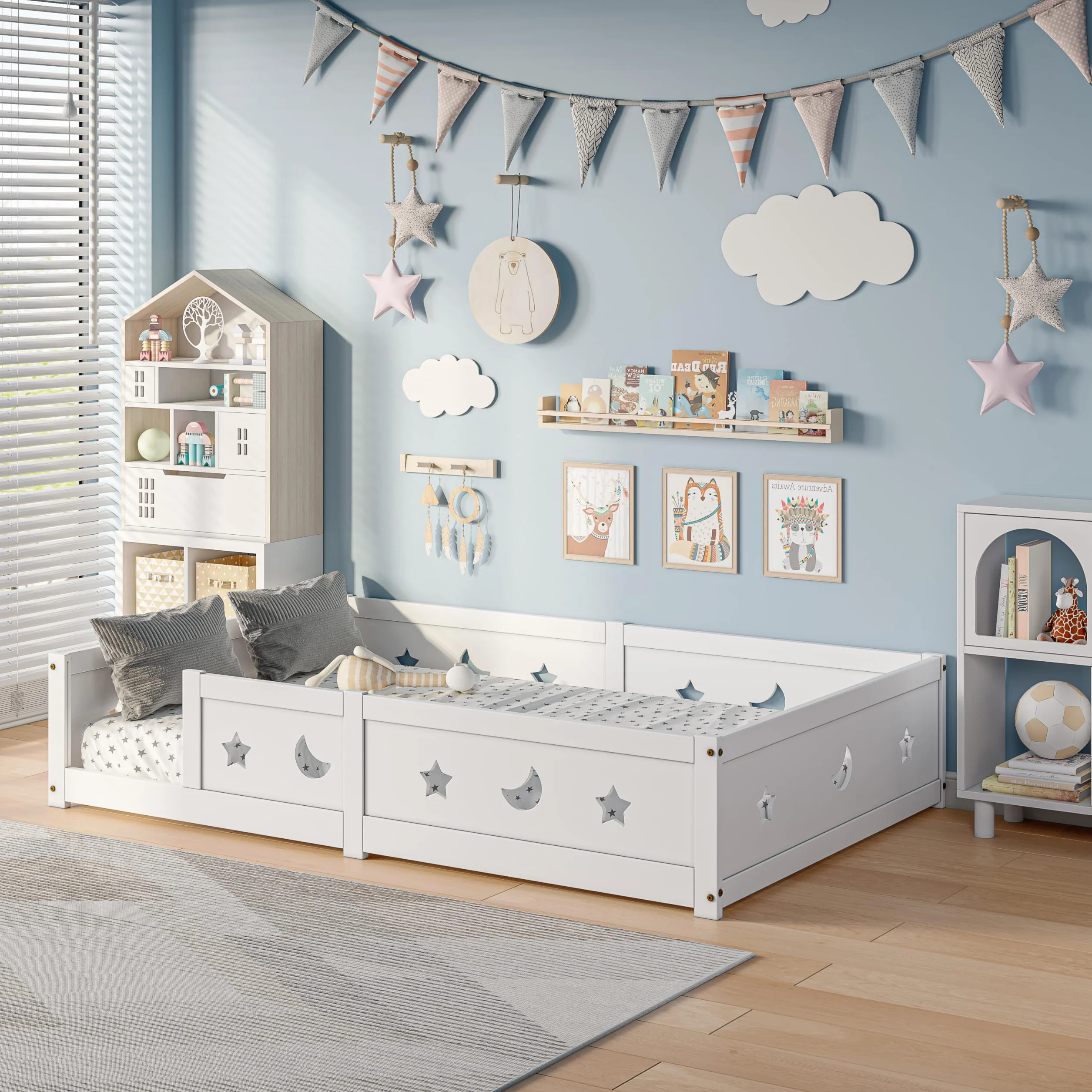 Cama de suelo infantil de 120 x 200, cama Montessori en el suelo de madera maciza con barrera de seguridad y somier de láminas, marco de camas de 1 plaza para niños y niñas, niños y bebés (A