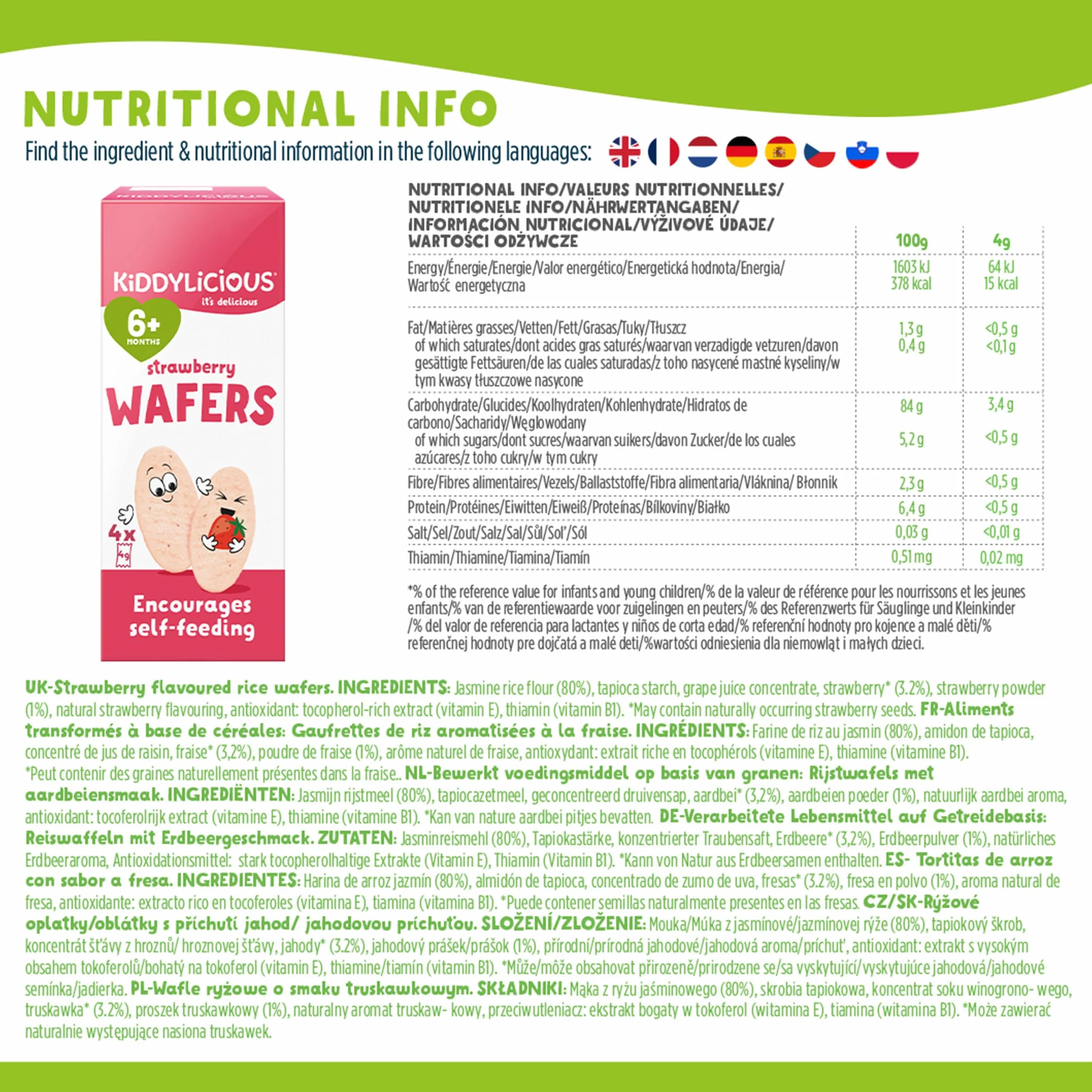 Kiddylicious Strawberry Wafers Snacks para Bebés 12 Paquetes 16g 192g