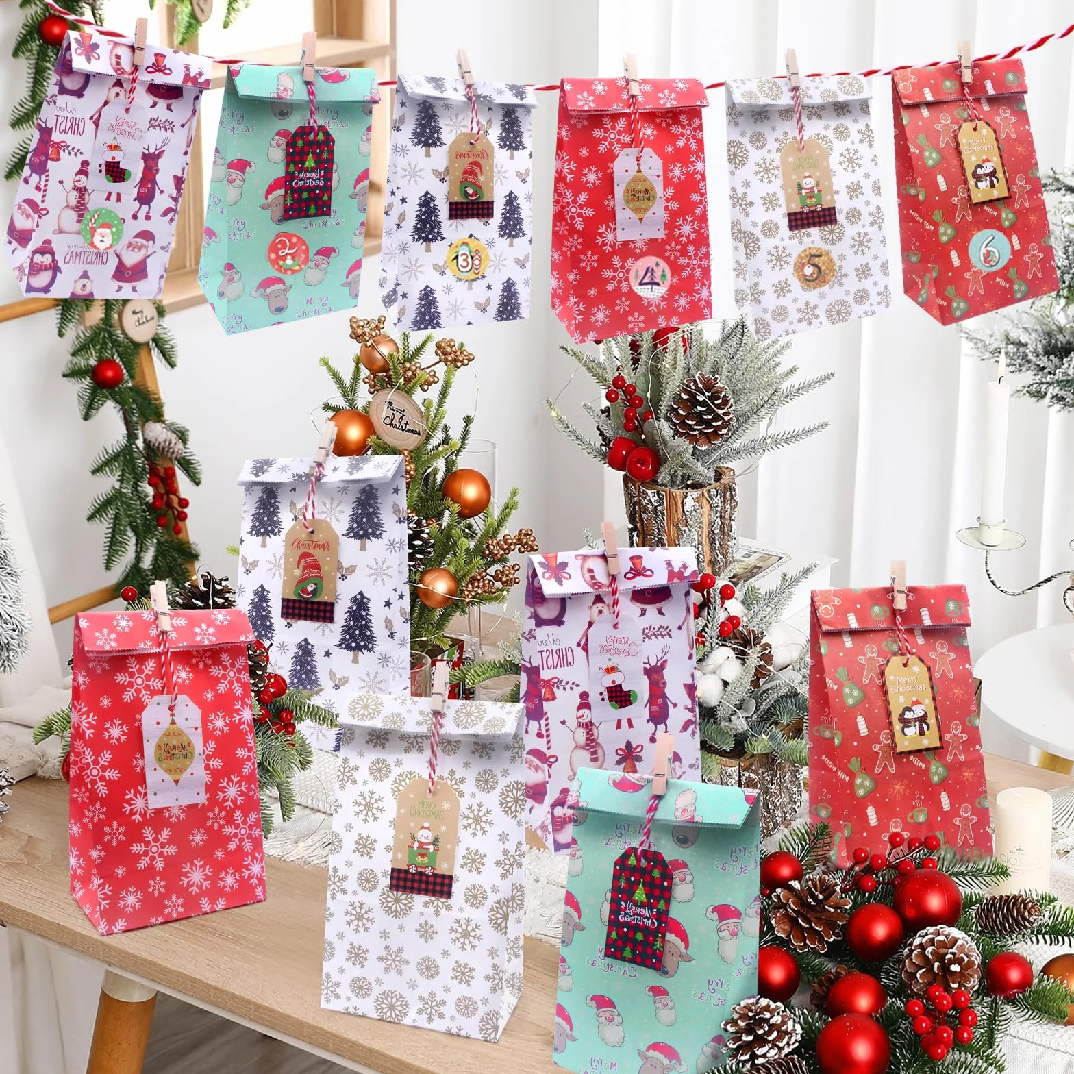 Calendario Adviento para Rellenar 2024, 24 Piezas, DIY Bolsas Navideñas de Papel con Cuerda y Números Adhesivos
