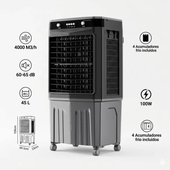 Bilake Climatizador Evaporativo Industrial Portátil Humidificador Enfriadores para Naves y Locales con 4 Packs de Hielo 100W 45L 3 Velocidades