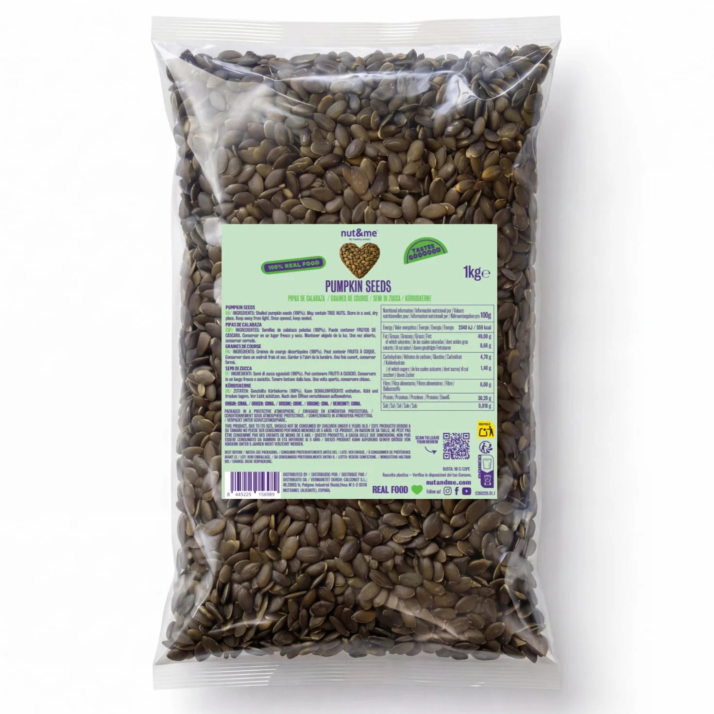 nut&me Semillas de calabaza 1 kg | Pipas de calabaza peladas naturales sin sal | Snack saludable Keto sin gluten