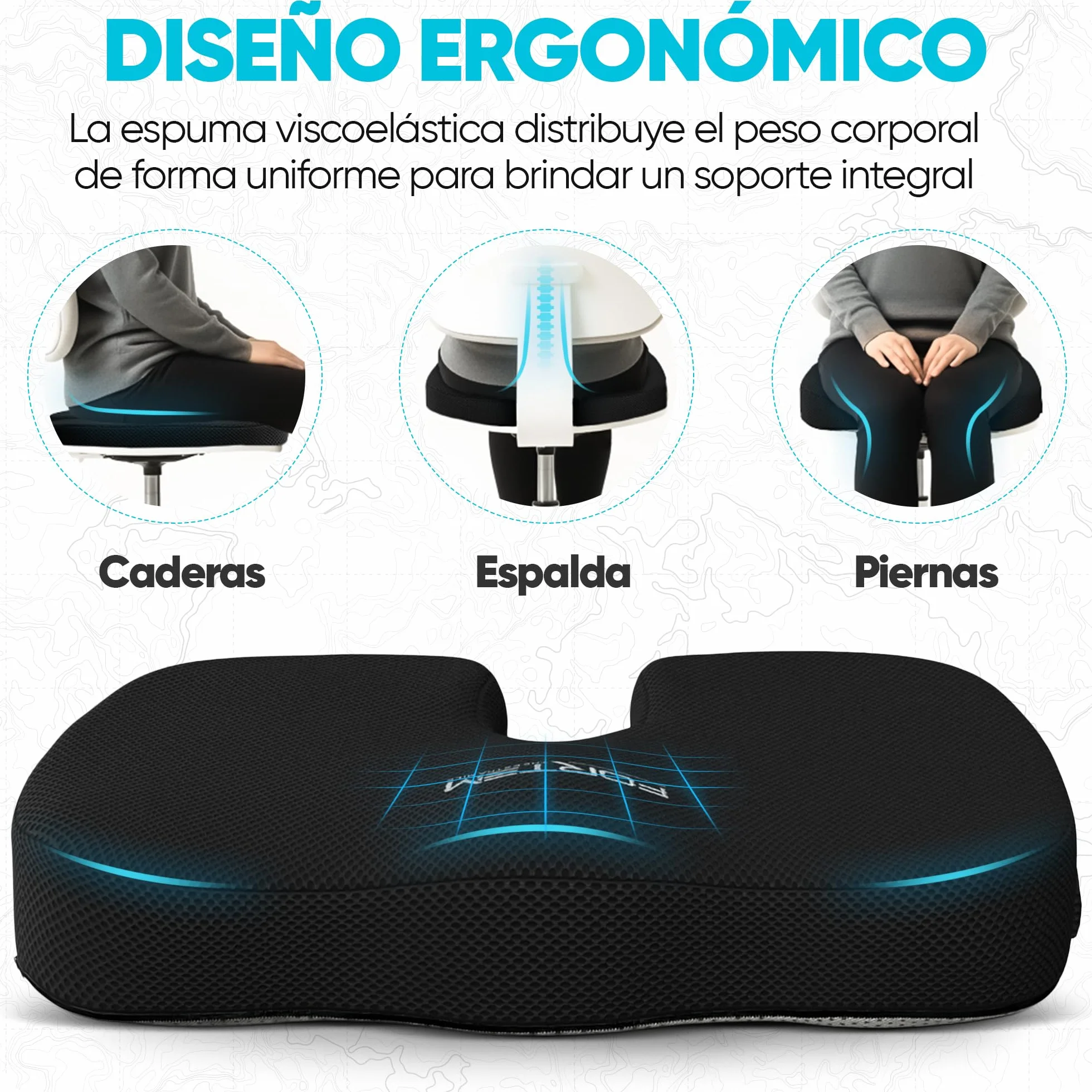 FORTEM Cojín Silla Oficina Forma U Espuma Viscoelástica Ergonómico Asiento Coche Gaming Viaje Funda Lavable