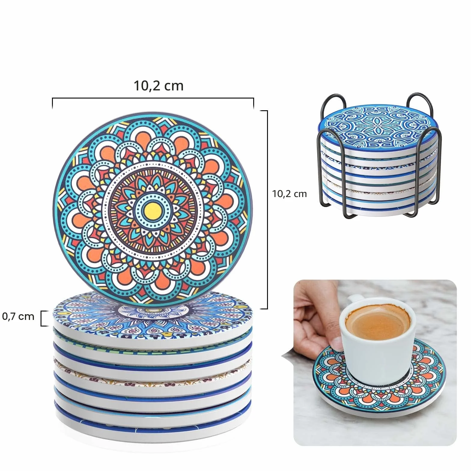 Posavasos de Corcho Cerámica Juego de 8 con Soporte Metal 4 Pulgadas Diseño Mandala para Tazas Regalo