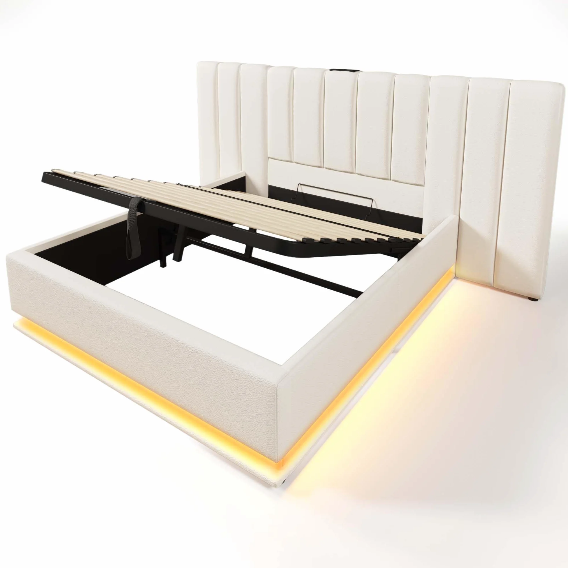 Moimhear Cama tapizada, cama doble con almacenamiento con control LED por app y función de carga USB-C, lino, sin colchón ni mesita de noche (blanco, 160 x 200 cm)
