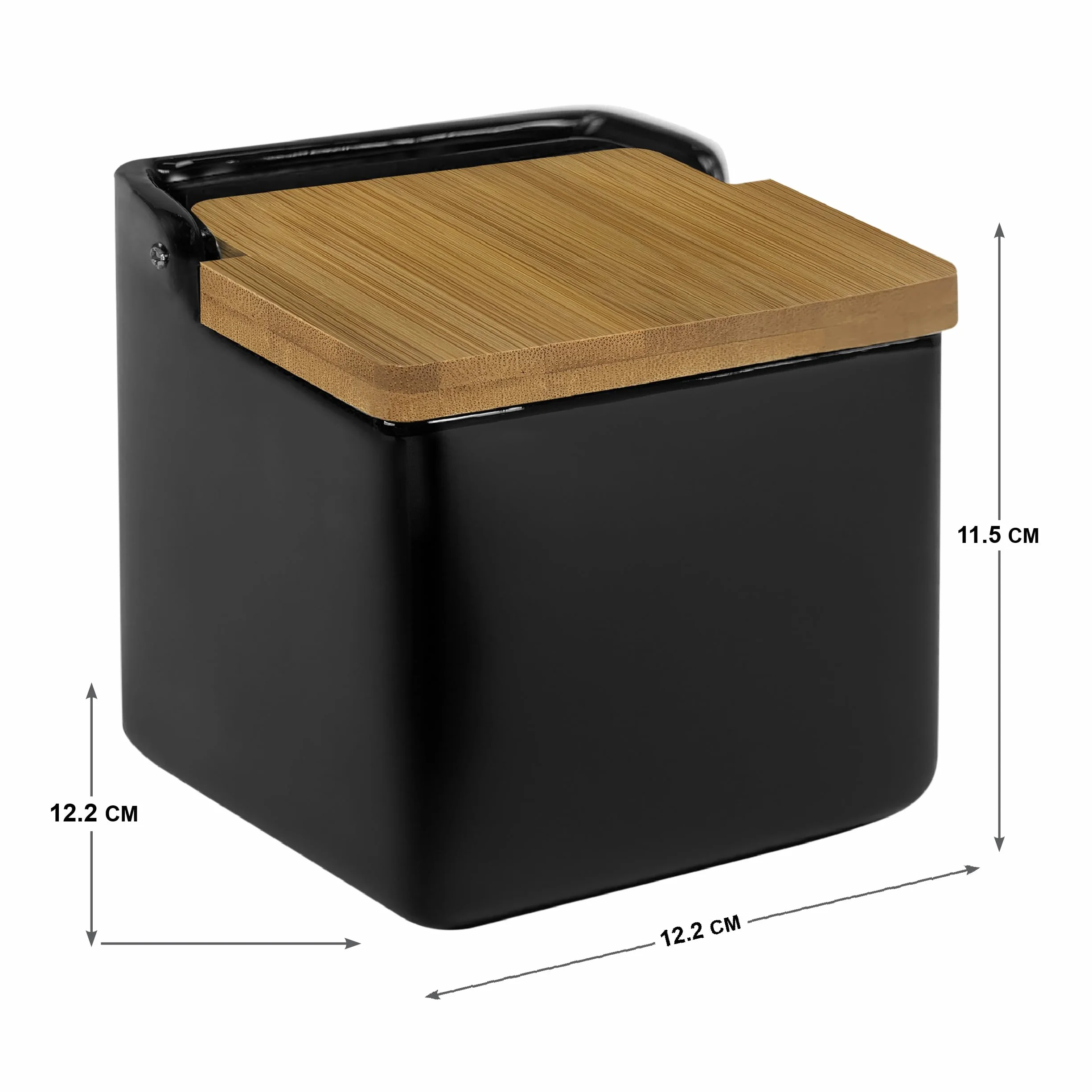 Salero de Cocina de Cerámica con Tapa de Bambú Negro Mate 12,2 x 12,2 x 11,5 cm