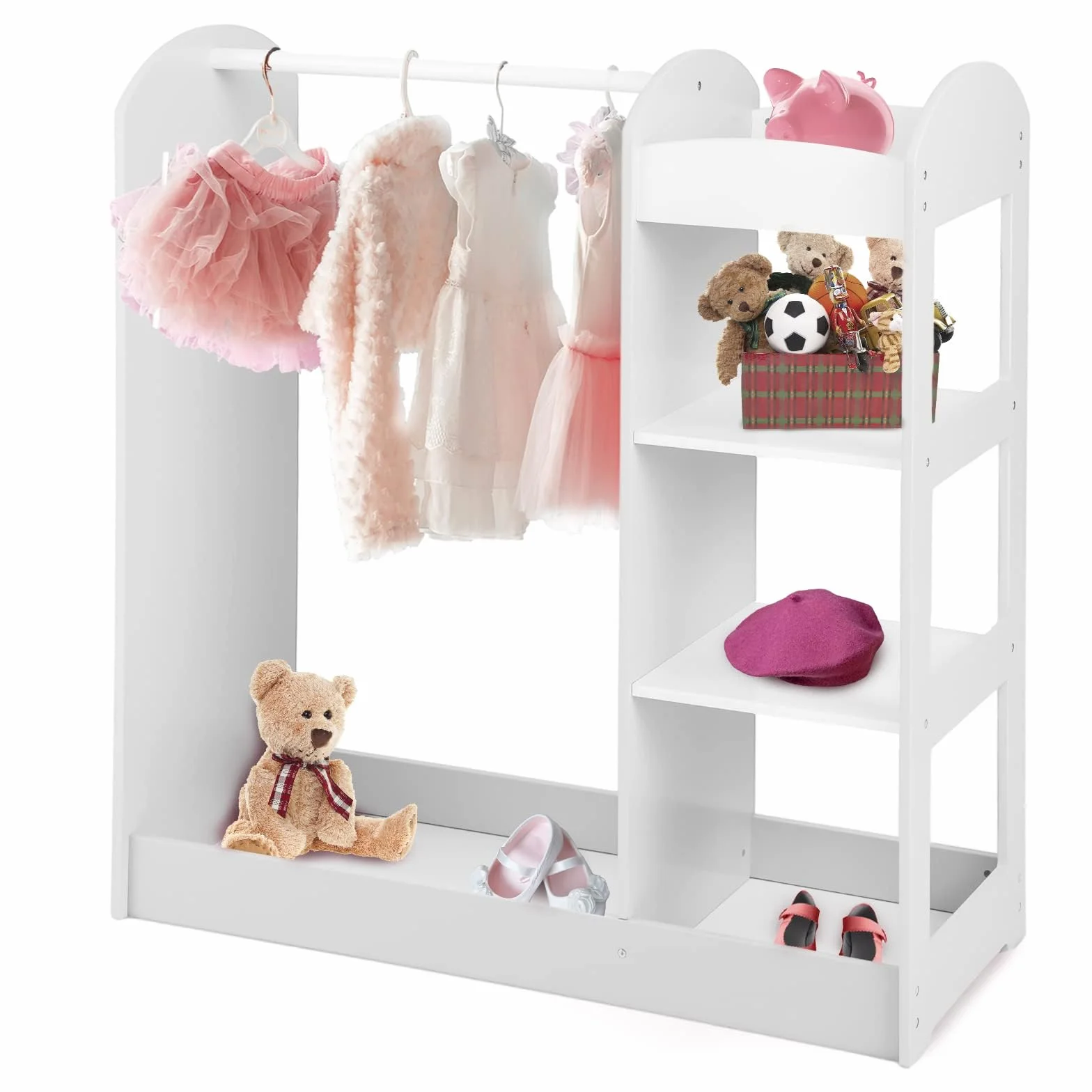 LIFEZEAL Armario Infantil de Ropa con Perchero y 4 Estantes, Organizador de Madera con Espejo Entero, 93,5 x 38 x 100 cm