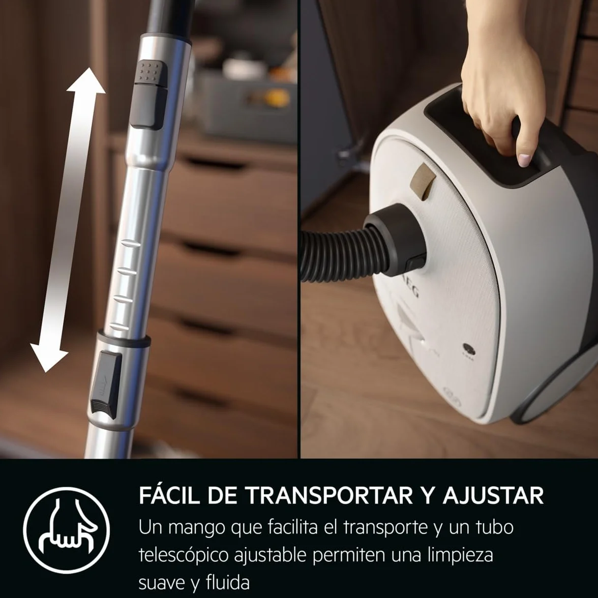 AEG AB61H6SW Aspiradora de Trineo con Bolsa, 850W de Potencia, 3,5L de Capacidad, Radio de acción 12m, Ruedas XL, Filtro Lavable, 3 cepillos + 3 Accesorios, 10 años garantía, Blanco