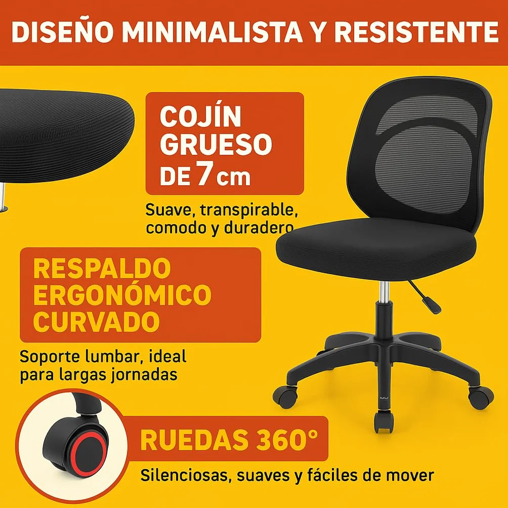 Silla de Oficina Ergonómica Sin Reposabrazos con Soporte Lumbar, Tela Transpirable, Ruedas, Giratoria, Asiento Espuma Alta Densidad