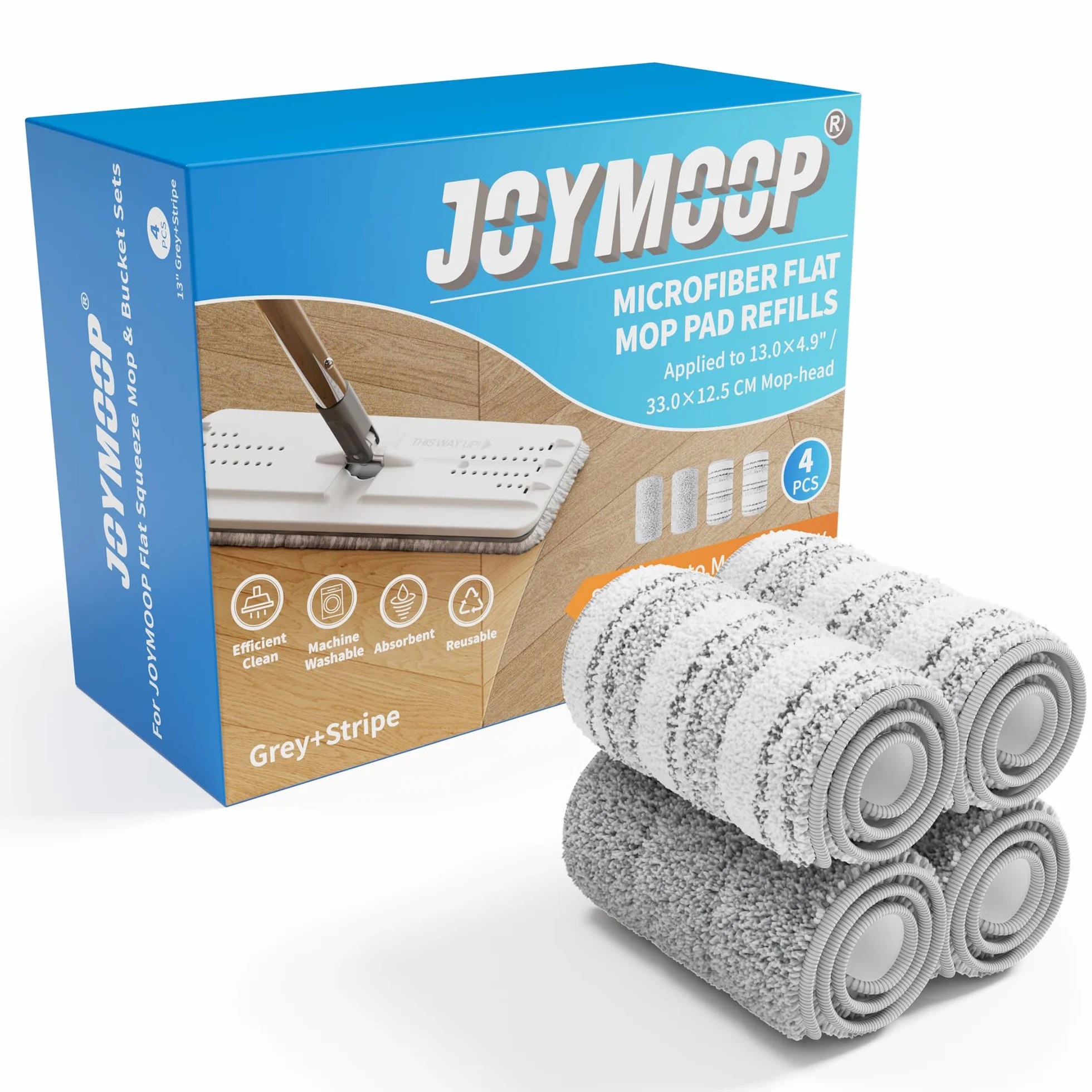 JOYMOOP Alfombras de Microfibra para fregona, reemplazables, Lavables, para fregona Plana o Set de Cubo, Pack de 4 Refills de 13 Pulgadas - Gris y Rayas