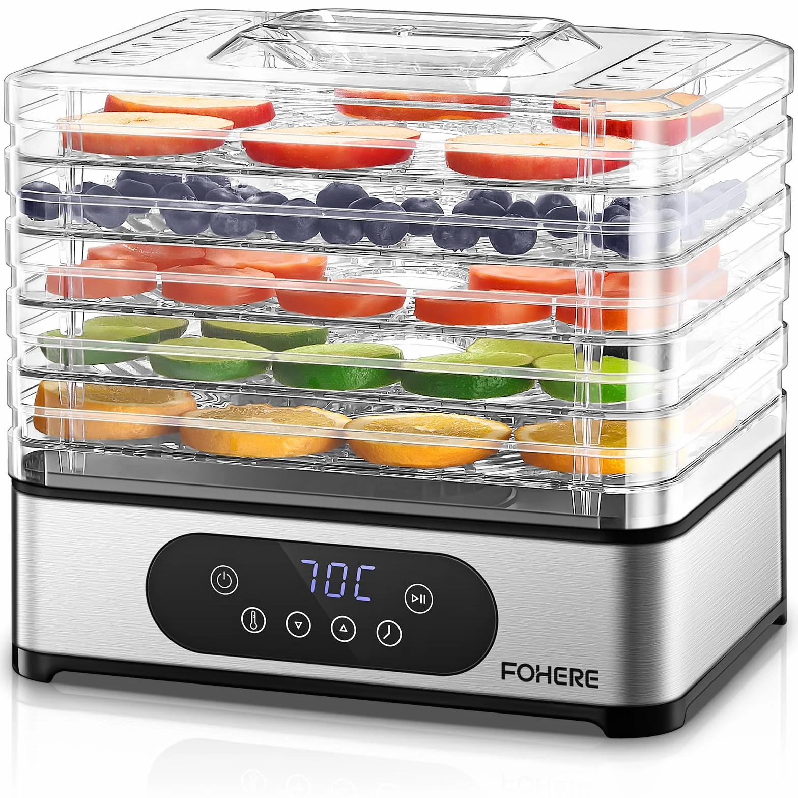 Deshidratador de Alimentos FOHERE 420W 5 Bandejas Inox Pantalla LED Temporizador Temperatura 35-70°C