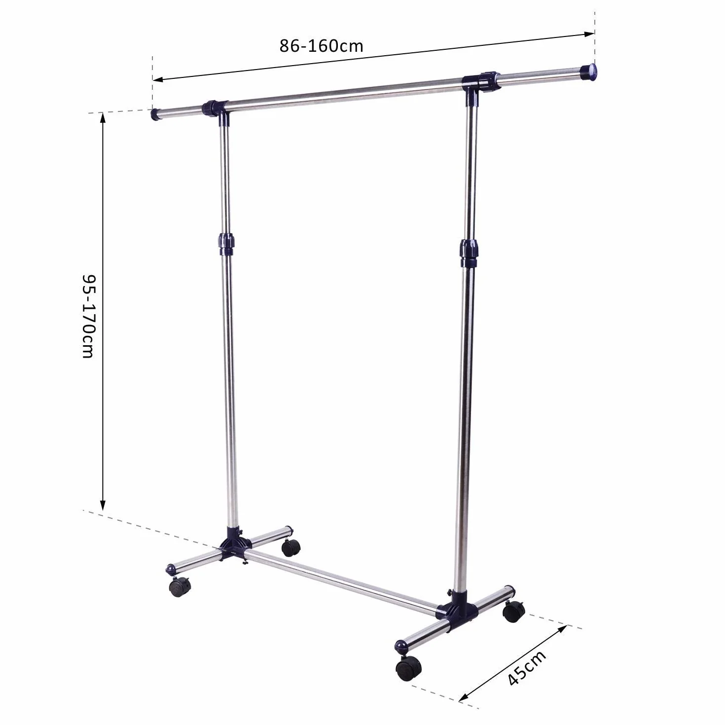 HOMCOM Perchero Acero Inox Colgador Ropa 4 Ruedas Alto y Largo Regulables 86-160 x 45 x 95-170cm