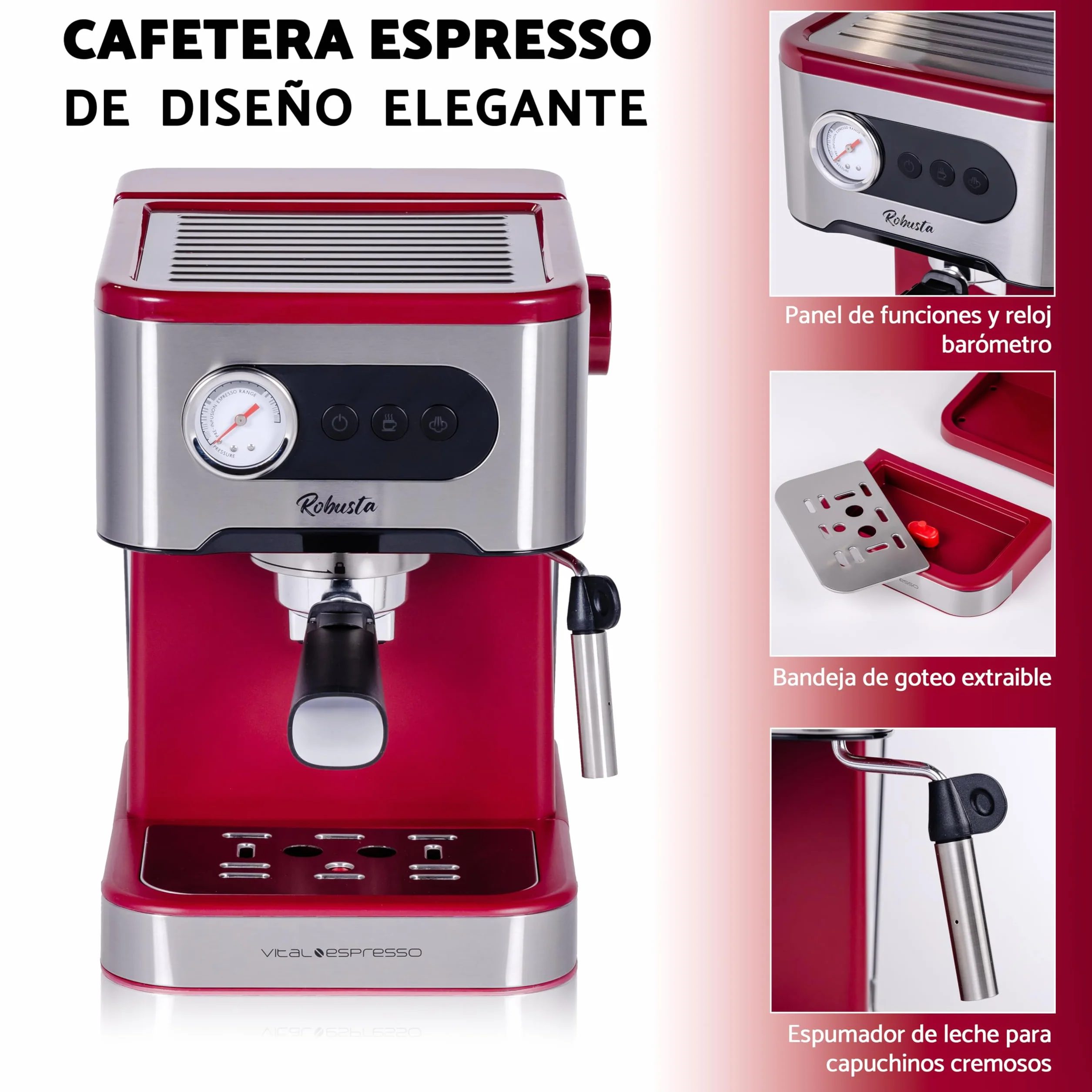 Cafetera Espresso 20 Bares Express Semiautomatica Cappuccino Latte Vaporizador Leche Thermoblock Calentamiento Rapido Portafiltros Molido Acero Inoxidable Frio Caliente Bandeja Goteo Calientatazas