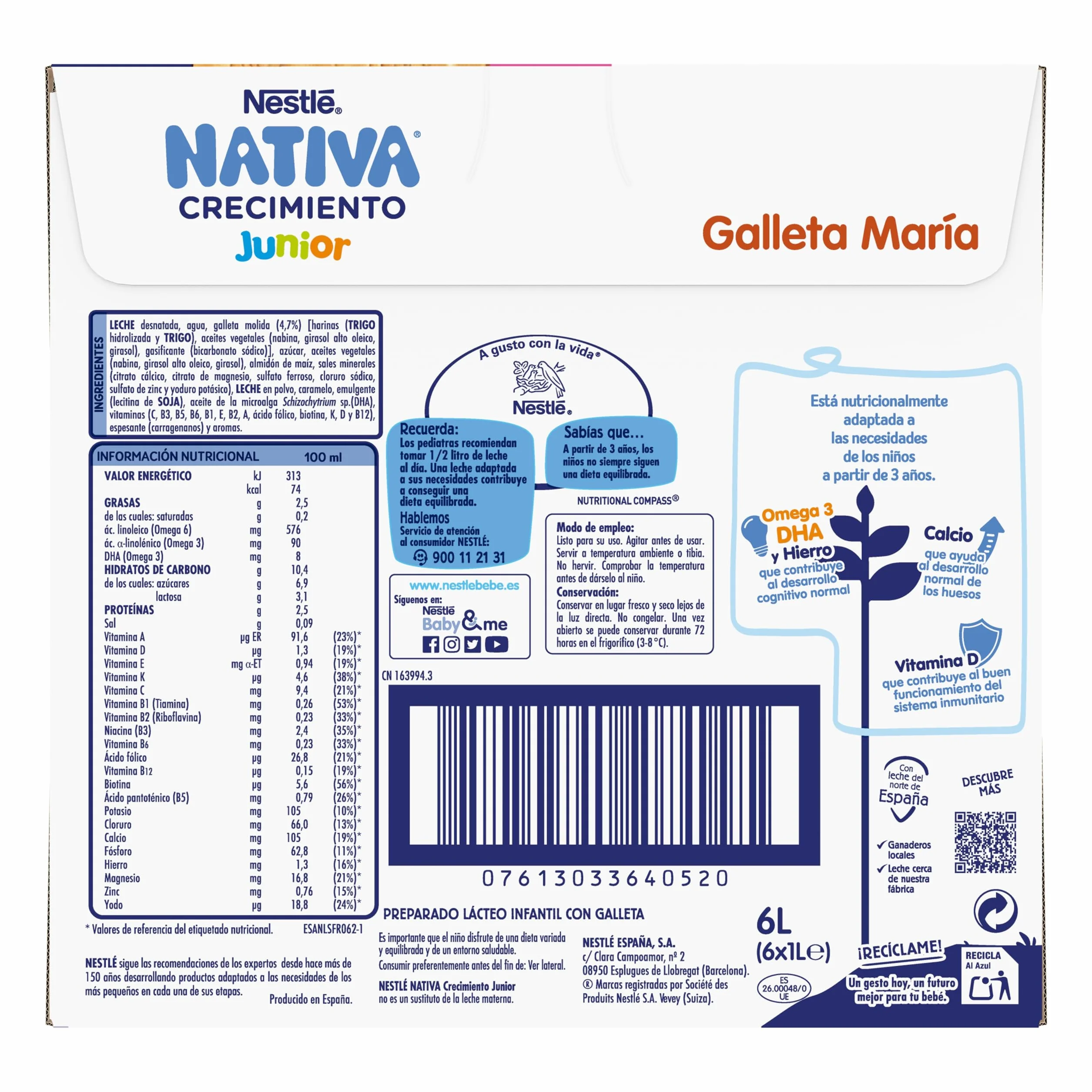 NESTLÉ NATIVA Crecimiento JUNIOR Galleta Leche crecimiento líquida para niños 36 meses pack 6