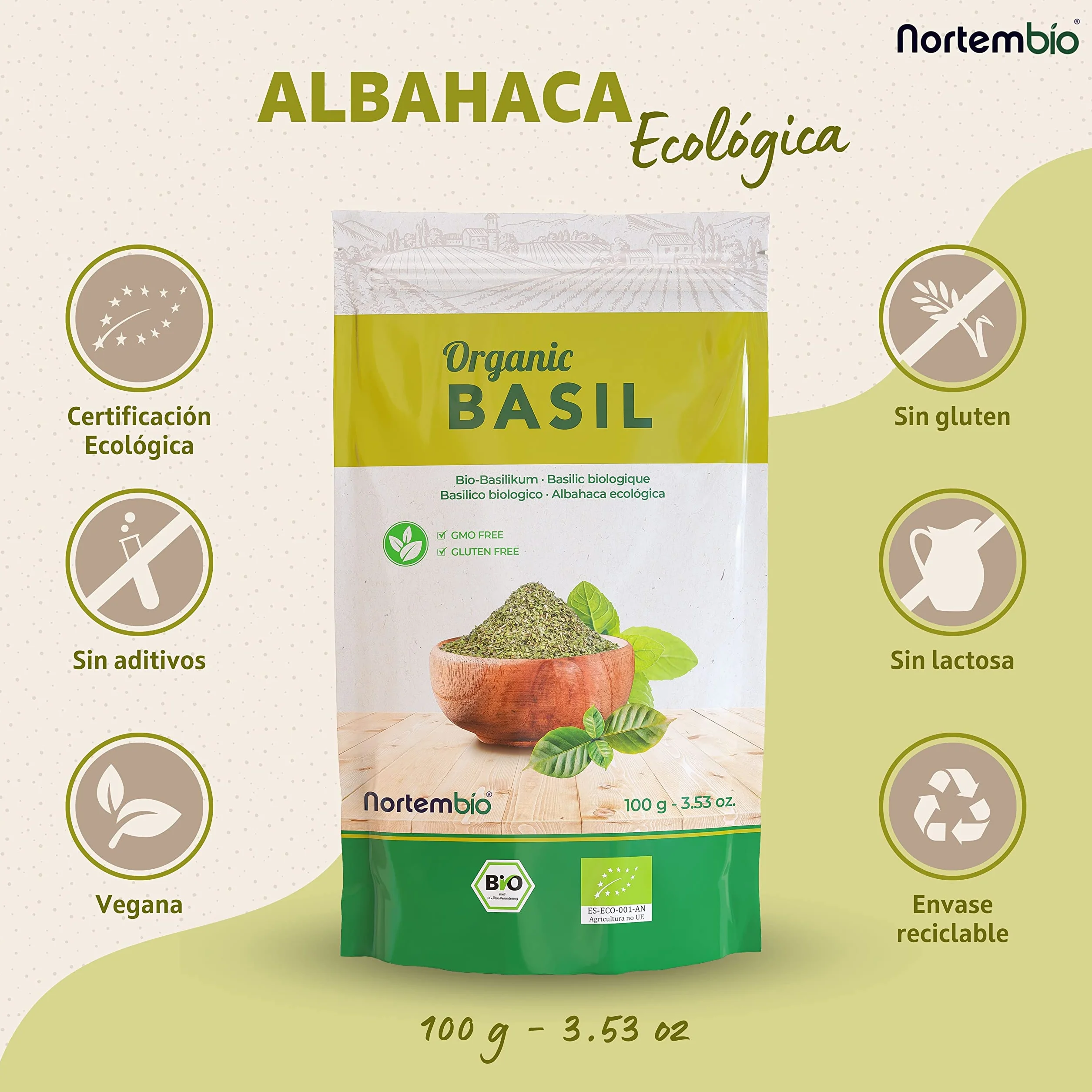 Nortembio Albahaca Ecológica en Polvo 100 g Especia Natural Gourmet sin Aditivos para Pesto, Salsas, Ensaladas
