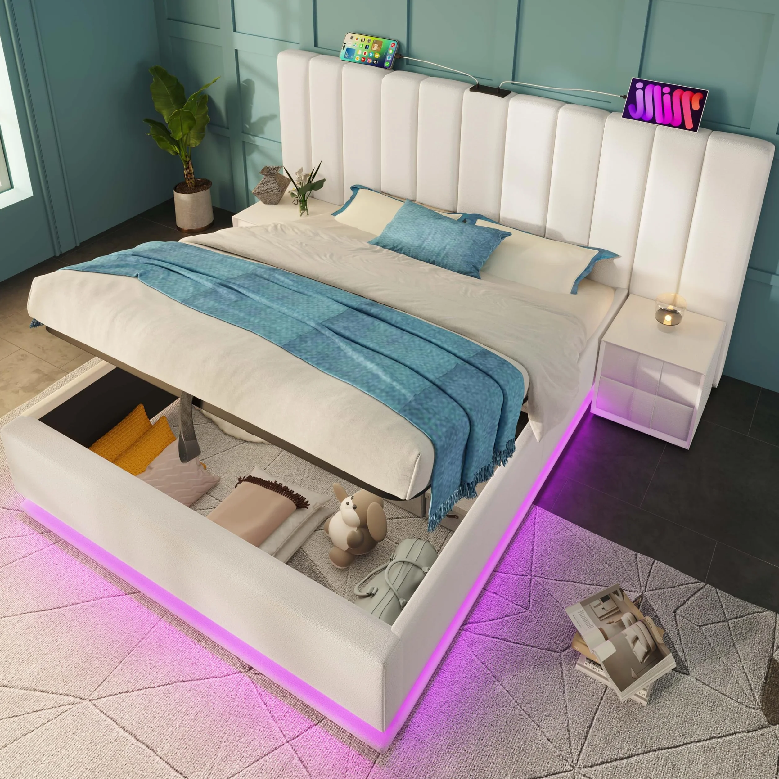 Moimhear Cama tapizada, cama doble con almacenamiento con control LED por app y función de carga USB-C, lino, sin colchón ni mesita de noche (blanco, 160 x 200 cm)