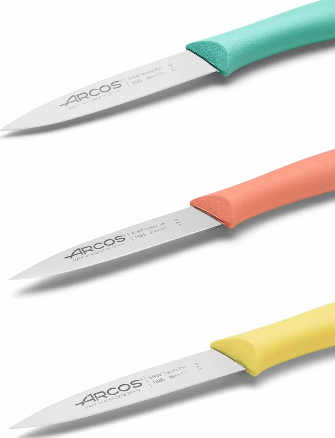 Arcos Set Cuchillos Mondadores 3 Piezas Acero Inoxidable Serie Nova Naranja Amarillo Azul