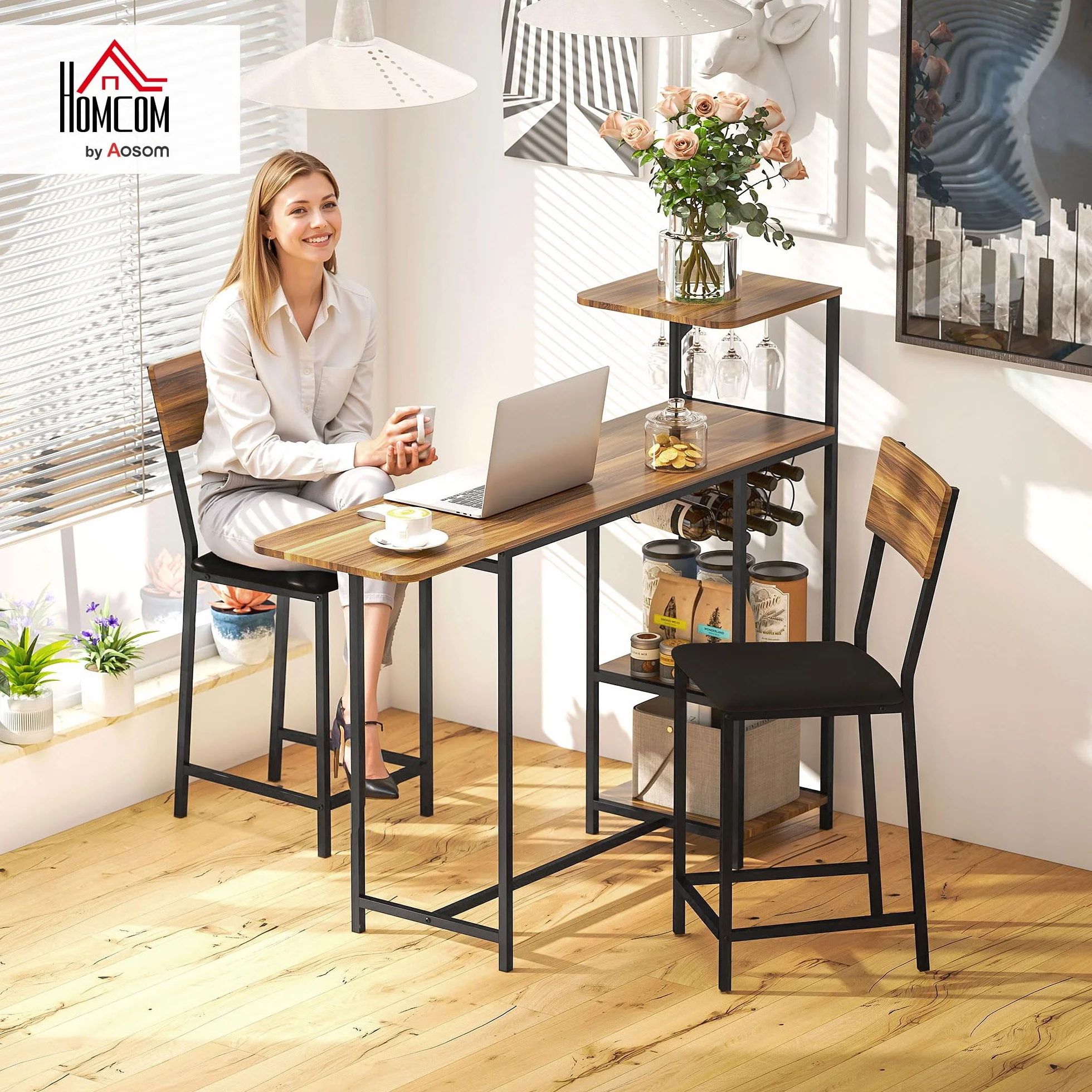 HOMCOM Juego de Mesa y Taburetes de Bar Mesa Alta de Cocina con 2 Taburetes Laterales Abatibles Soporte para Vinos y Estantes Estilo Industrial Marrón y Negro