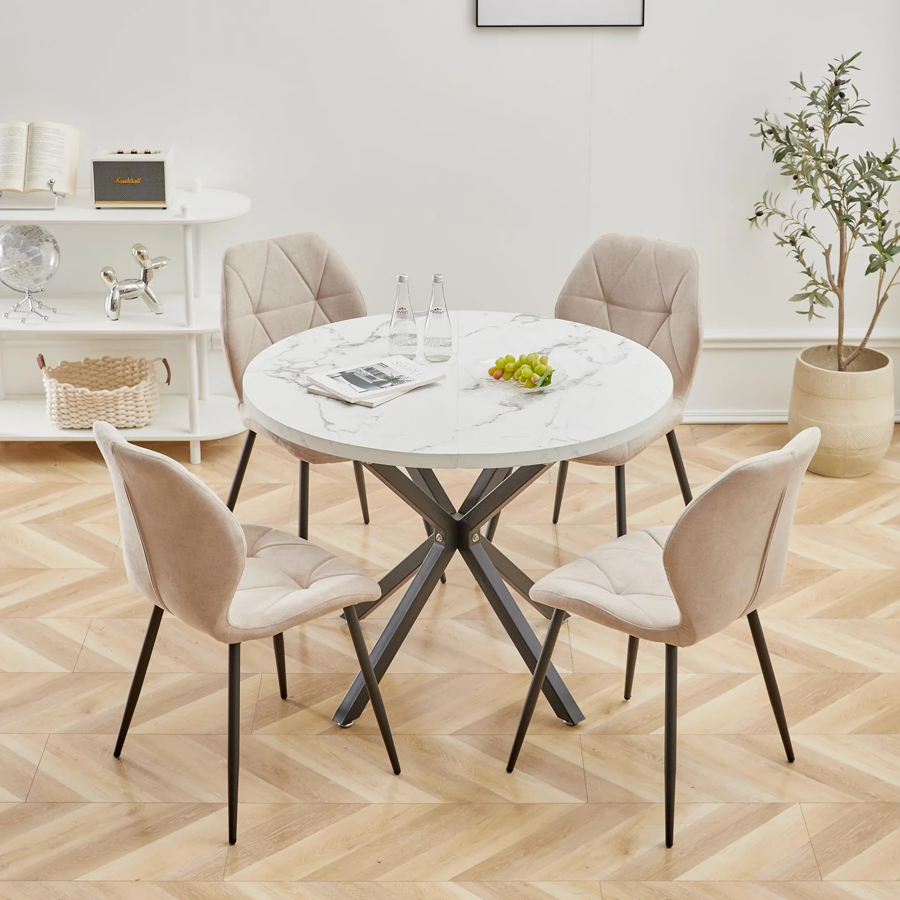 GrandCA HOME Juego de 4 Sillas de Comedor, Sillas de Comedor Tapizadas, Sillas de Cocina Nórdicas, Sillas Acolchadas con Patas de Metal, Cojines de Tela de Rombos, Beige-R