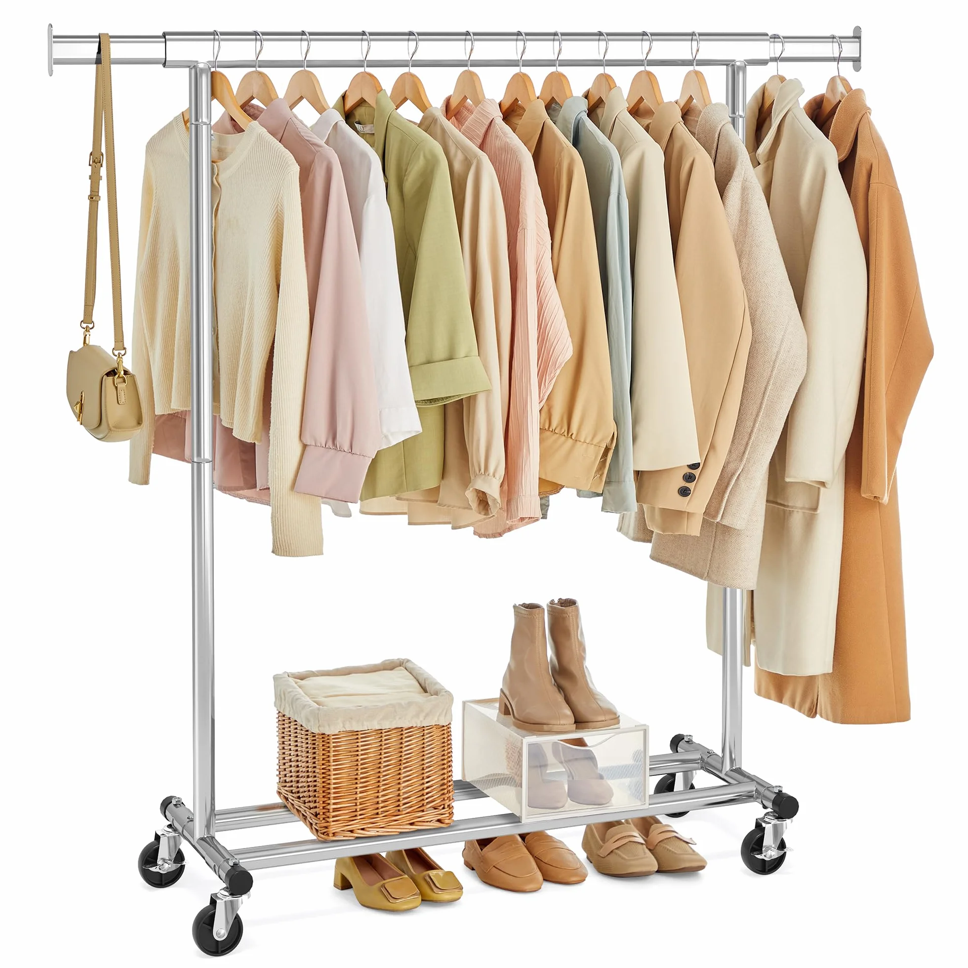 SONGMICS Burro Ropa con Ruedas Extensible 100 kg 45 x 92-132 x 161,5 cm Plata HSR13S