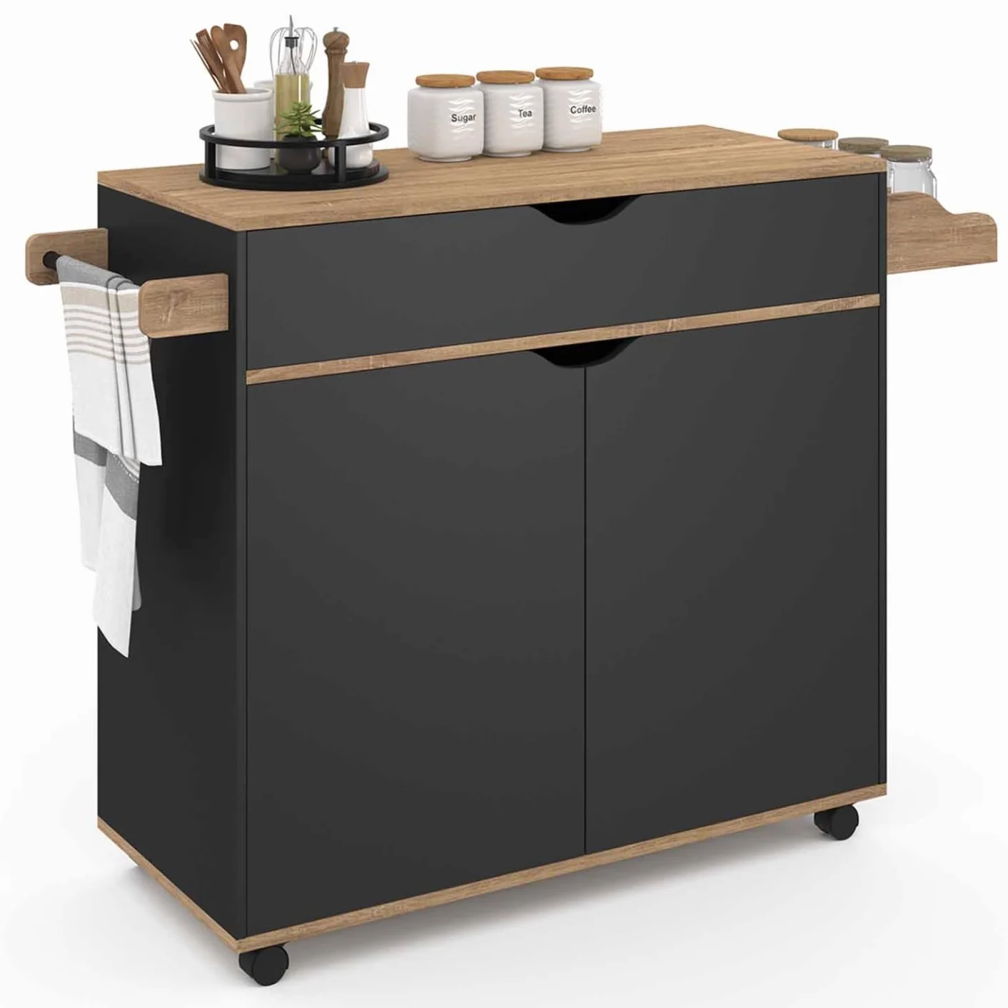 IDMarket – Postre de cocina COSY XXL armario con cajón negro y bandejas de haya, 90 cm