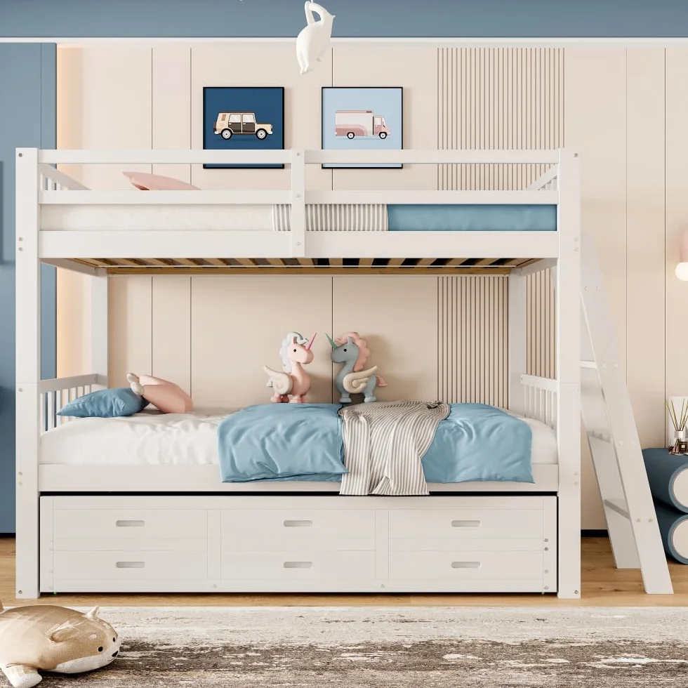 Litera infantil de 90x200cm con escalera, cama extraíble y 3 cajones, estructura de pino y MDF, barandilla alta, convertible en 2 camas individuales, colchón no incluido, Blanco