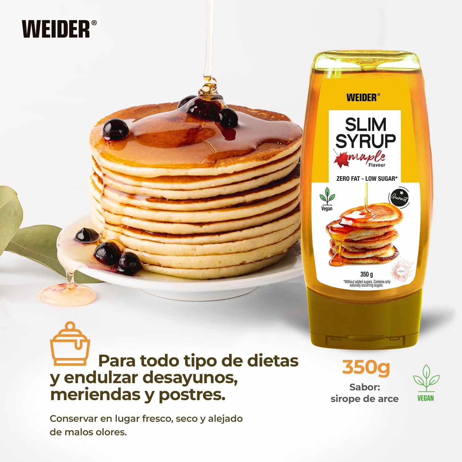 Weider Slim Syrup Maple 350g Cero Grasas Cero Azúcares Vegano Sabor Sirope de Arce