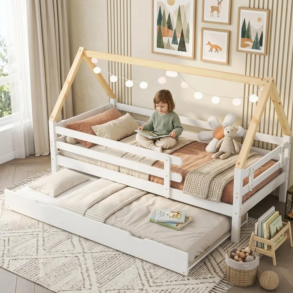 Lexiou Estructura Cama, Diseño Multifuncional con Brochadora，Cama Doble, 90 x 200 y 90 x 190 cm，Apto para Niños o Adolescentes.