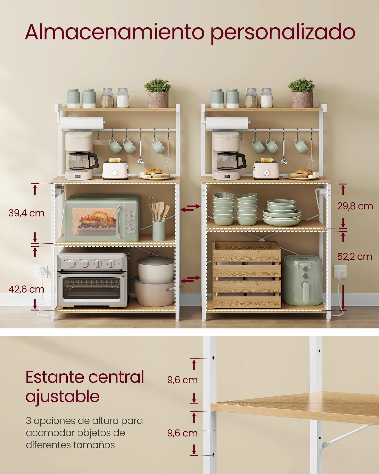 VASAGLE Estantería de Cocina con Enchufe Múltiple, Barra de Café de 4 Niveles con Estante Ajustable, 8 Ganchos S, Soporte de Microondas, 40 x 45 x 140 cm, Roble Dorado y Blanco Nube KKS013YA05