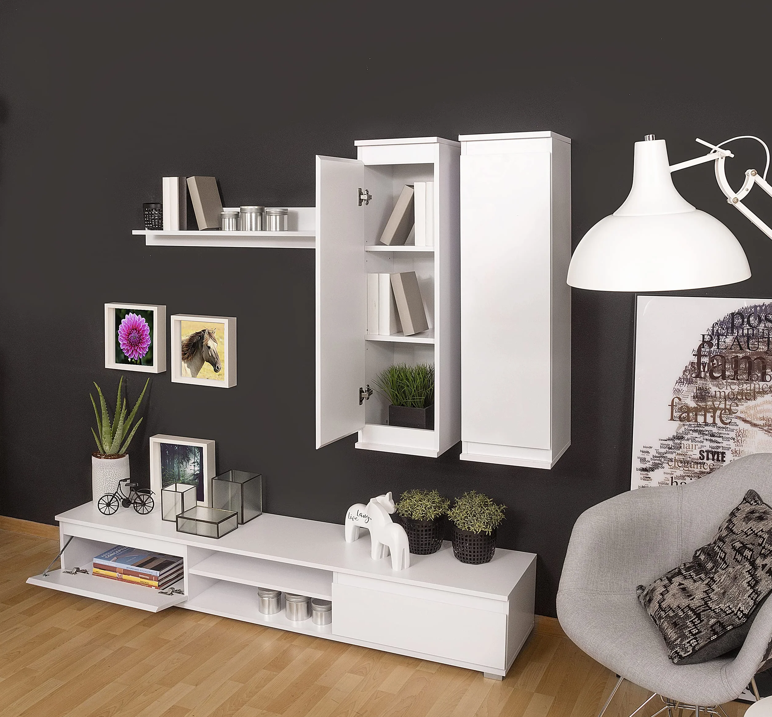 Homely - Mueble de salón modular LUCKY, conjunto de 4 muebles, mueble para televisión, 2 muebles altos y estantería alta, color blanco, medidas conjunto 175x180x37 cm