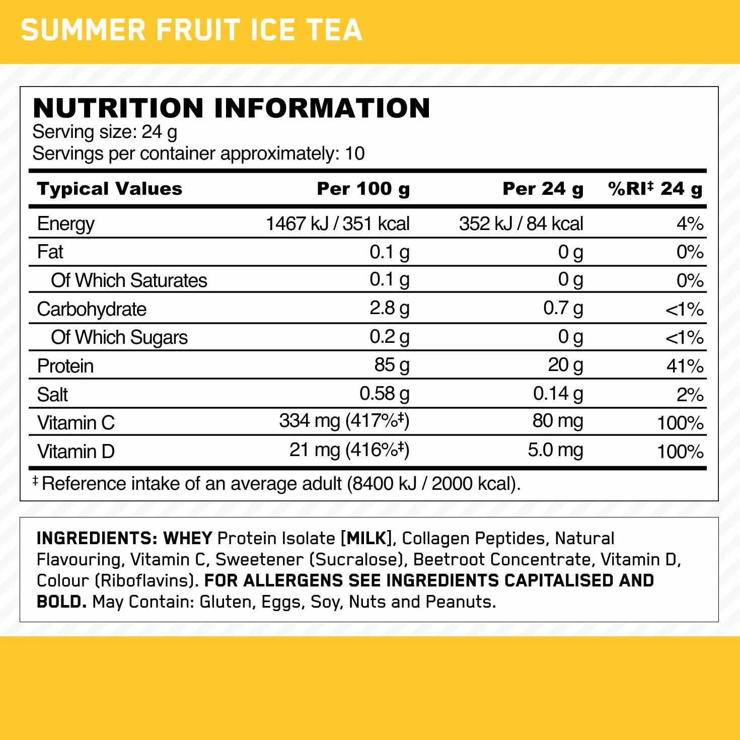 Optimum Nutrition Clear Whey + Colágeno, Té Helado Frutas de Verano, 240 g, 10 Porciones