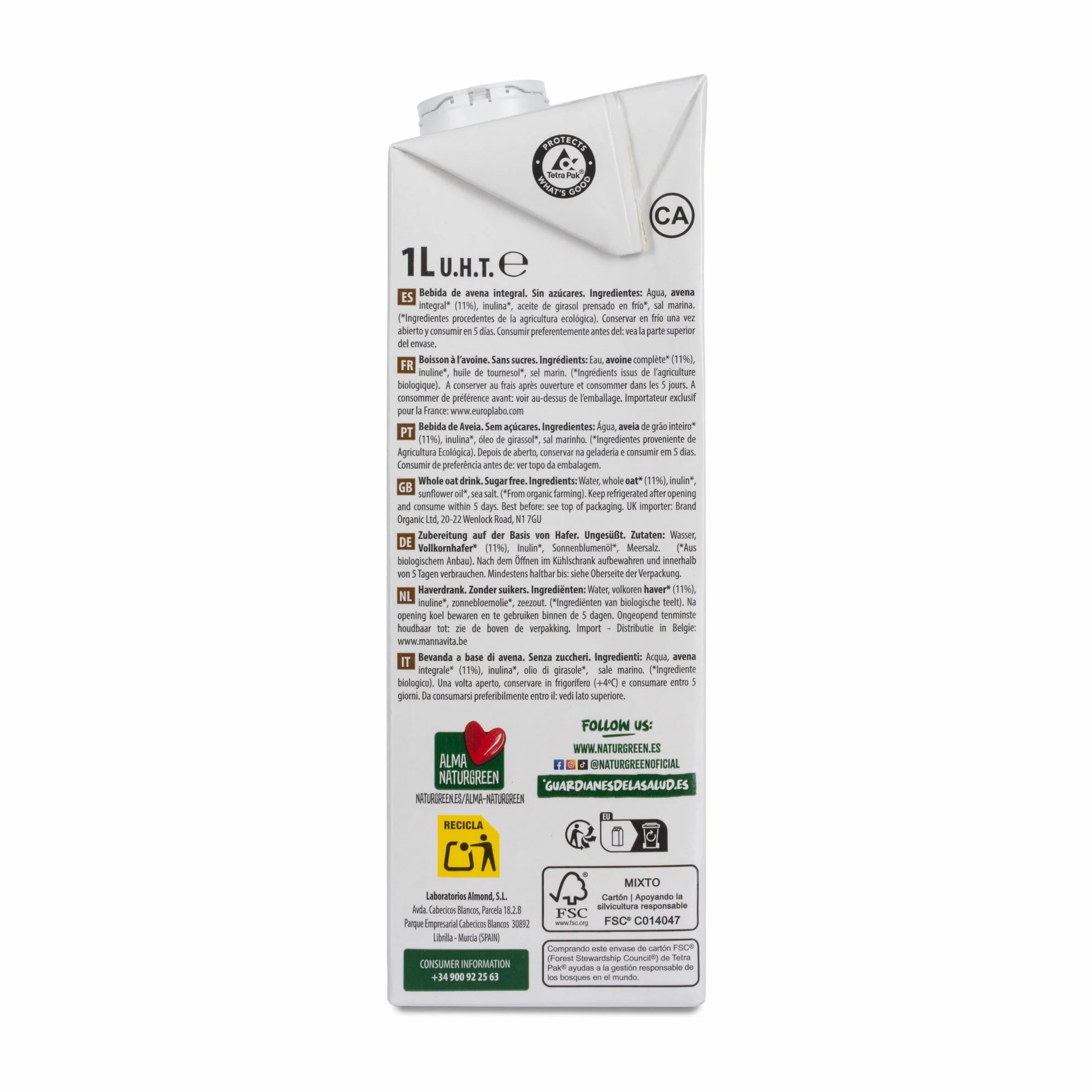 NaturGreen Bebida de Avena Integral Bio Pack 6 x 1L, Sin Azúcares Añadidos, Sin Lactosa