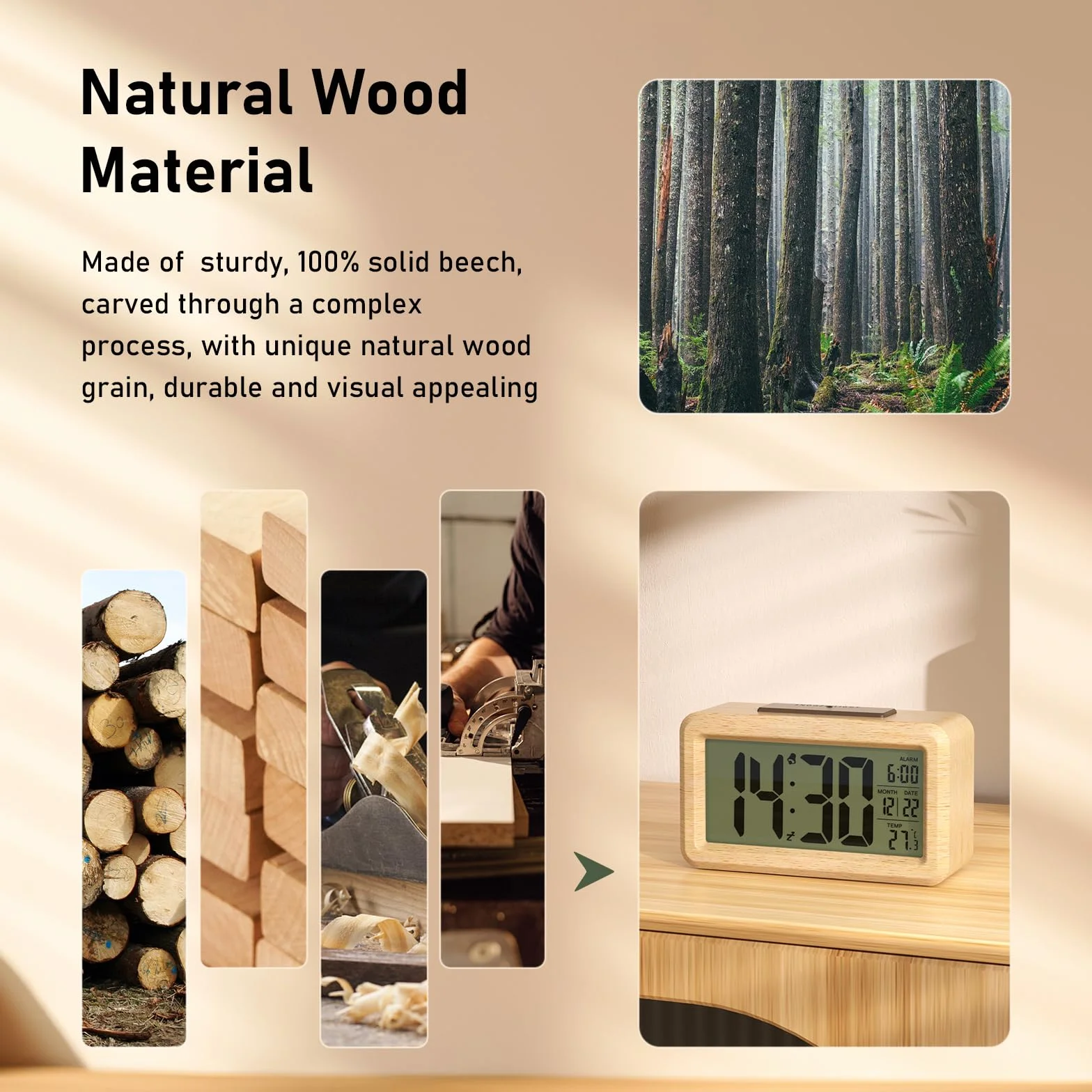 Despertador Digital de Madera, Reloj Despertador Digital Pilas con Pantalla LCD Grande, Retroiluminación, Fecha, Temperatura, Sensor de Luz Automático, Snooze (3 Pilas AAA Incluidas)
