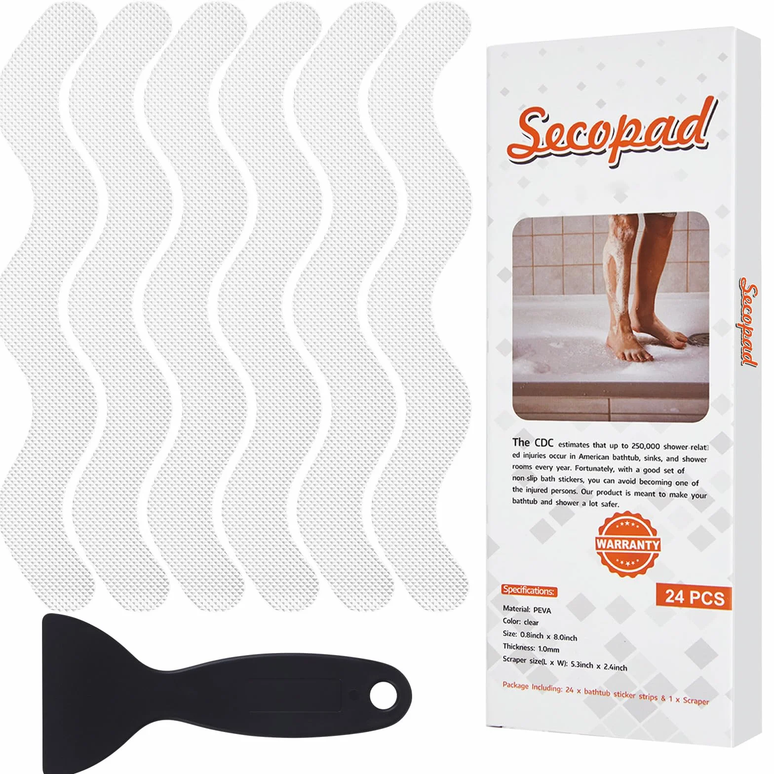Secopad Pegatinas Antideslizantes para Ducha, 24 unidades, Tiras de Seguridad para Bañera, Escaleras, Transparente