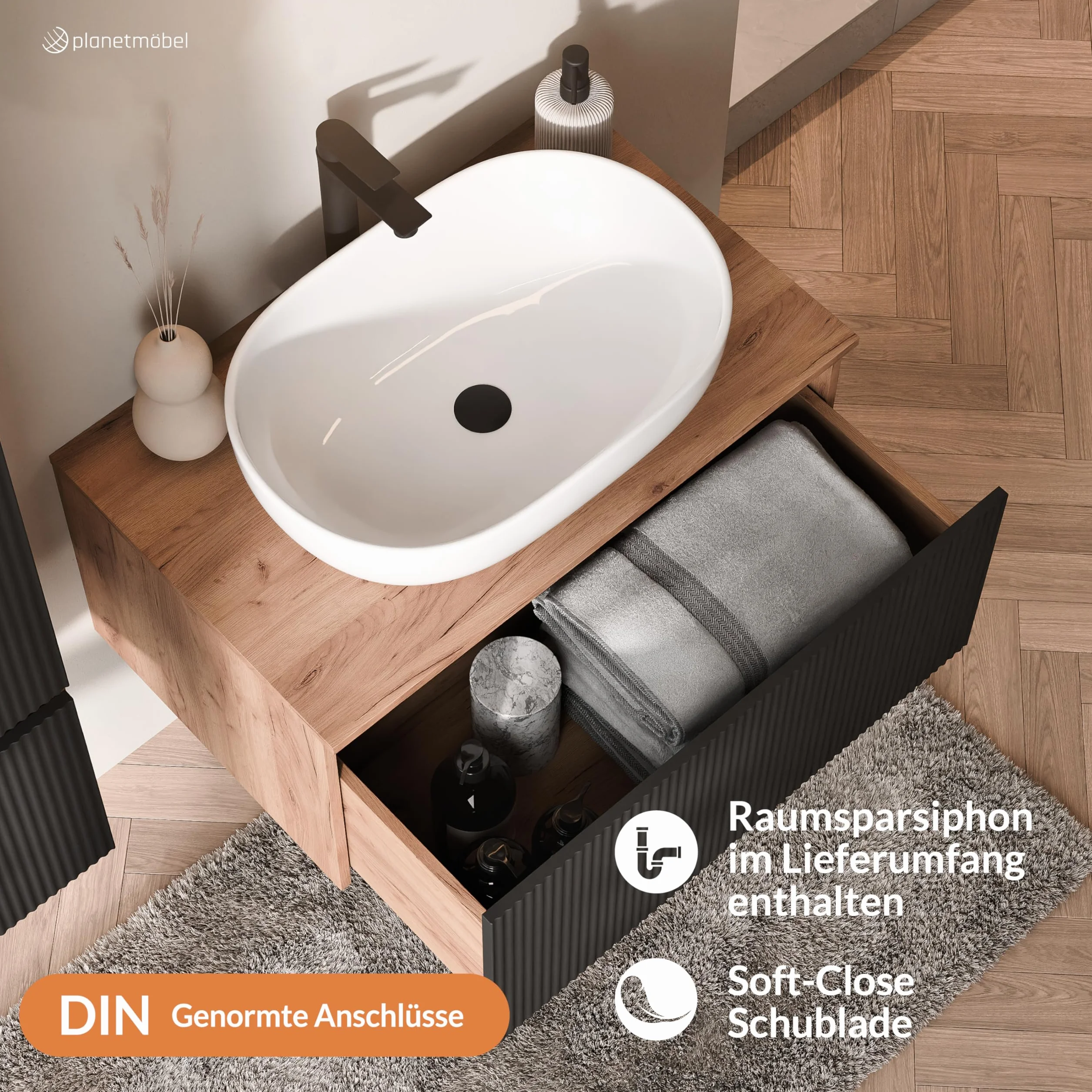 Planetmöbel Arisa Juego de muebles de baño con lavabo de 80 cm en roble dorado negro (estriado), lavabo de 60 cm en blanco, con sifón de ahorro de espacio