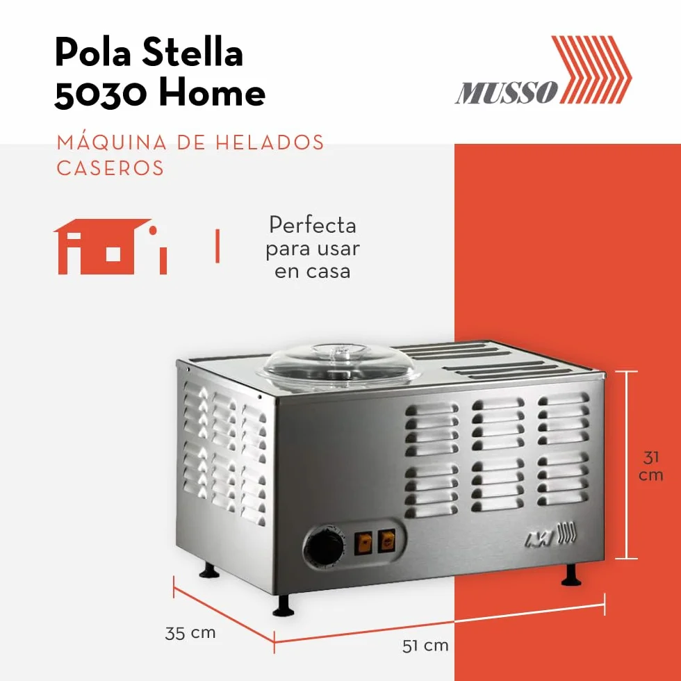 Musso Pola Stella 5030 Home Máquina de Helados Casera - 1,5 l de Helado en 30 Minutos - Heladora Italiana para Casa | Heladera para Hacer Helado, Gelato, Sorbete, Granizado | Robusta y Fácil de Usar