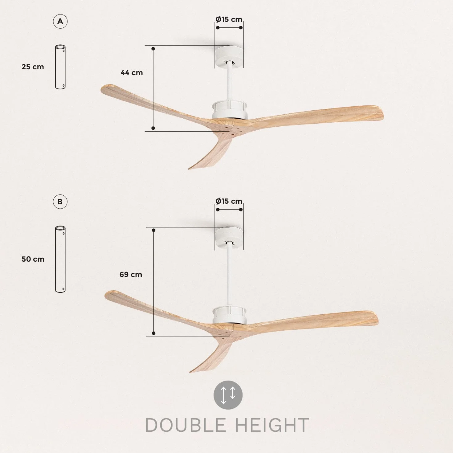 CREATE / WINDLARGE/Ventilador de techo blanco aspas madera natural con mando / 40W, XL, silencioso, 6 velocidades, Ø152 cm, temporizador, 2 alturas, función verano-invierno