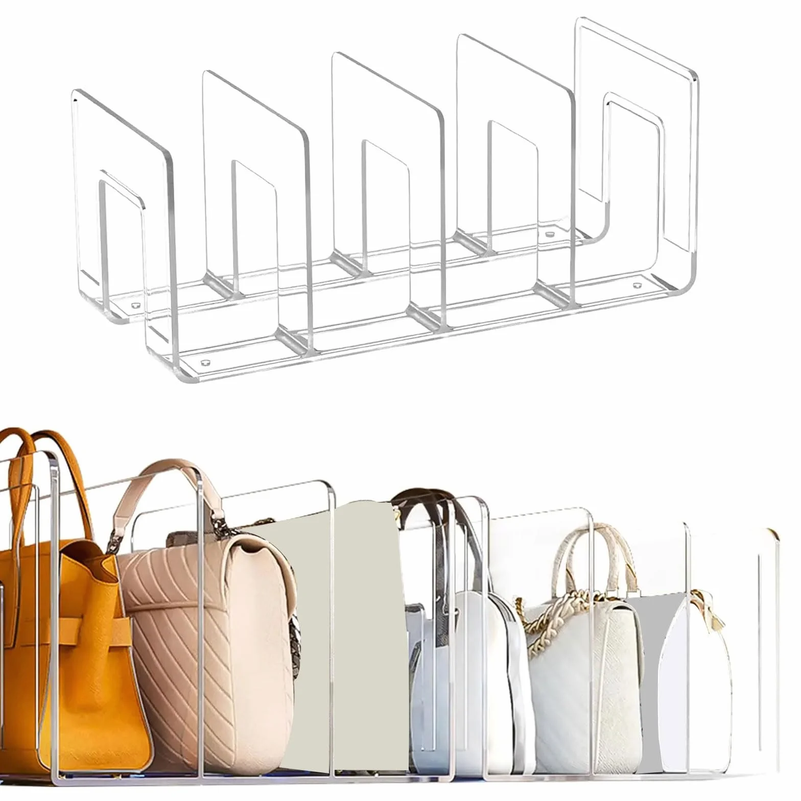 Elegante organizador de bolsos de acrílico transparente y resistente, divisor de estante de 4 secciones para armario y soporte de exhibición, soporte de almacenamiento, soporte para bolso de vestidor