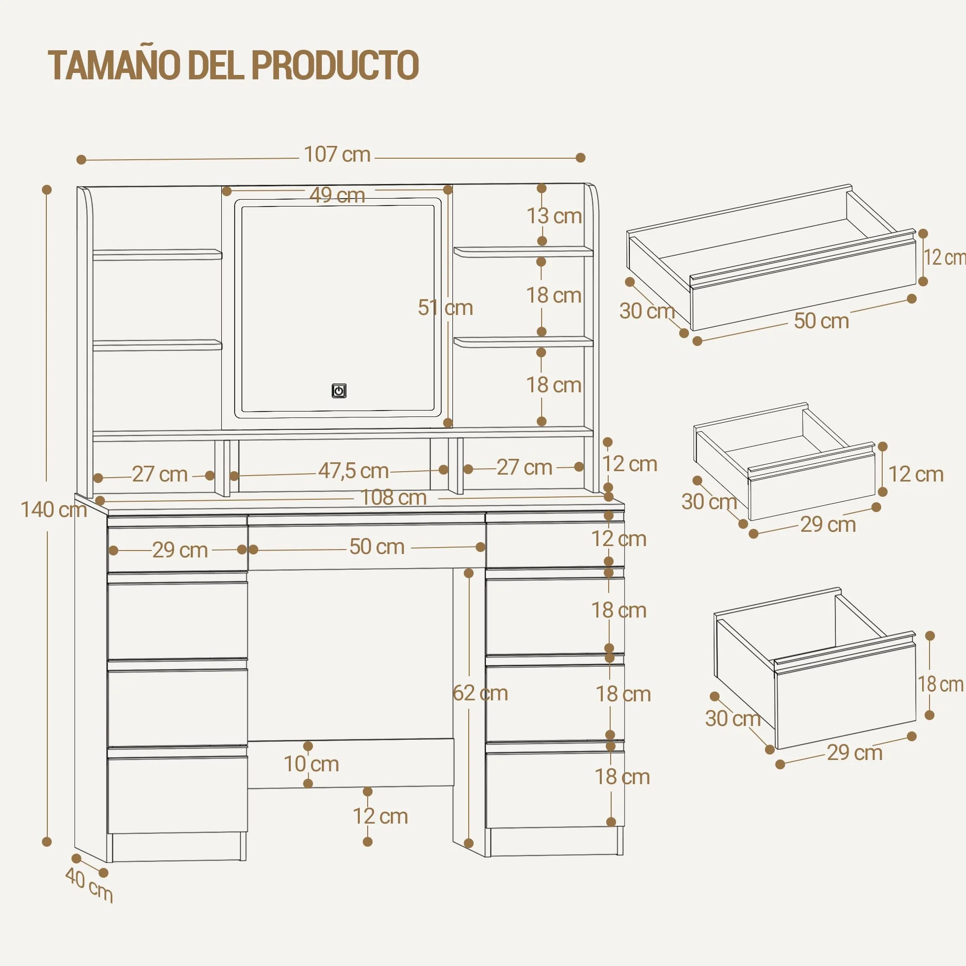 Tocador Grande con Iluminación LED, 3 Colores, Brillo Ajustable, Mesa de Maquillaje con Espejo, 9 Cajones, Estilo Moderno, Blanca-Plata