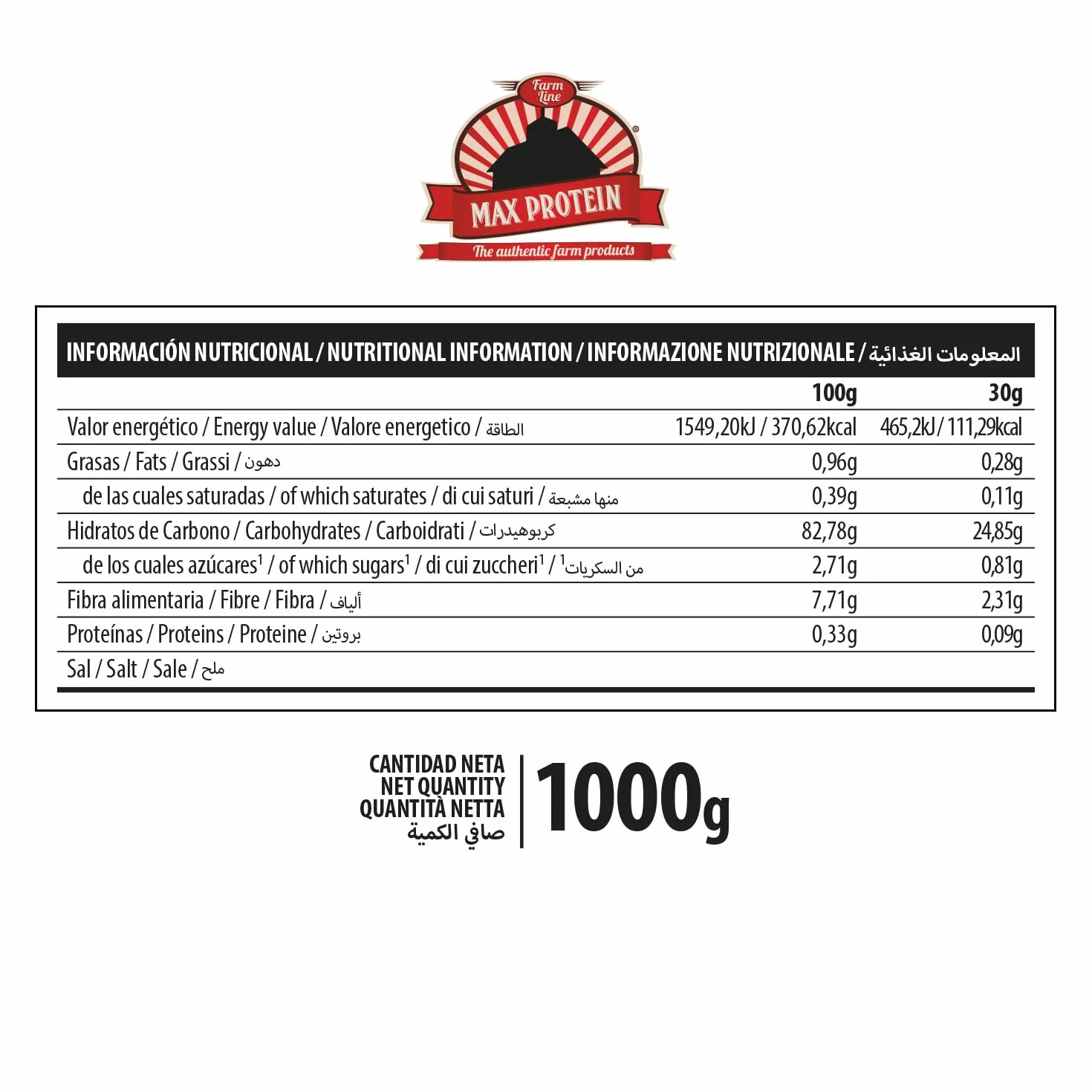 MAX PROTEIN Crema de Arroz Fitness 1000g Fuente Carbohidratos Pre Entreno Post Entreno Vegana Sin Lactosa White Choc Vanilla
