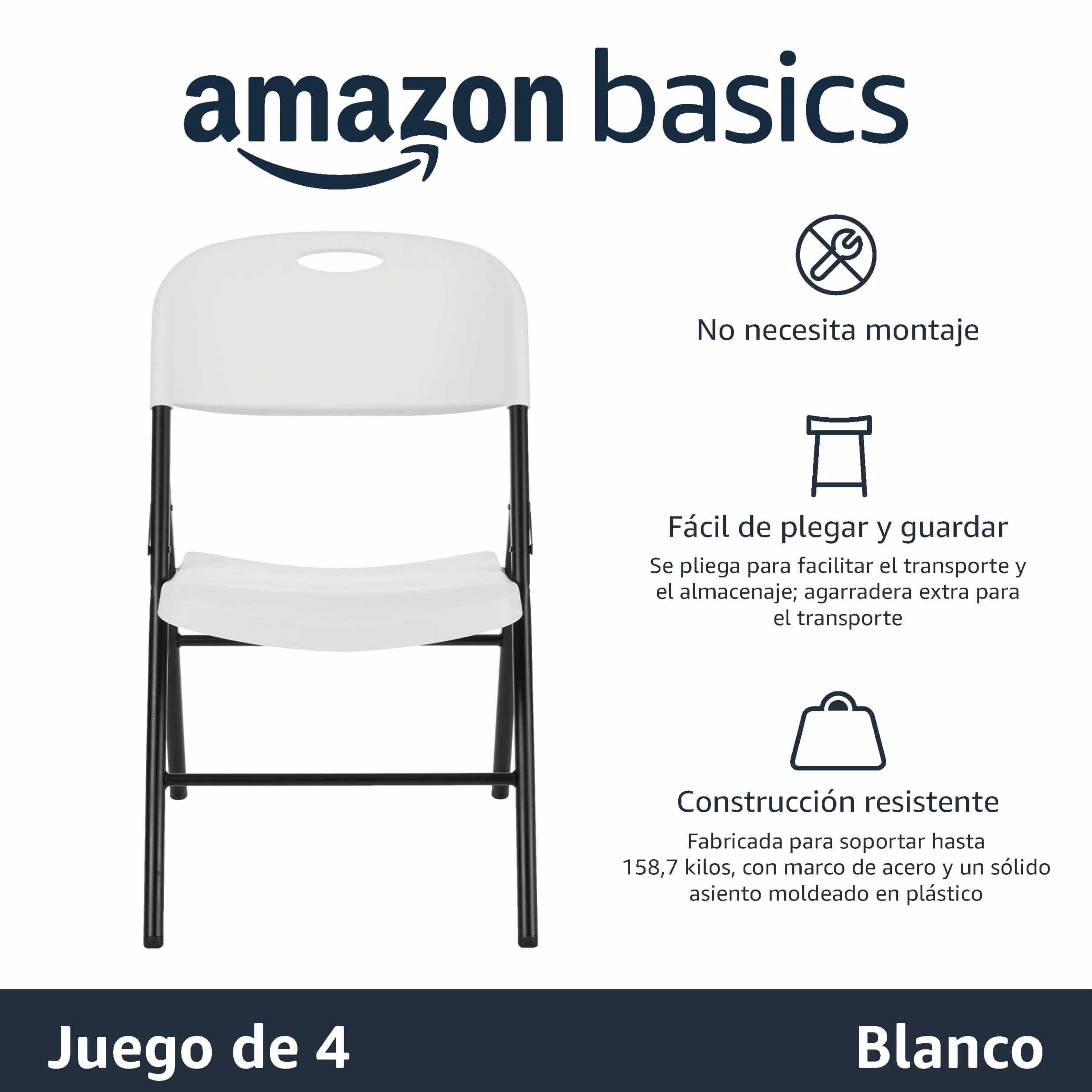 Amazon Basics Juego de 4 sillas plegables de plástico y metal, sillas de camping, sillas de cocina, para interiores y exteriores, color blanco, hasta 158 kg