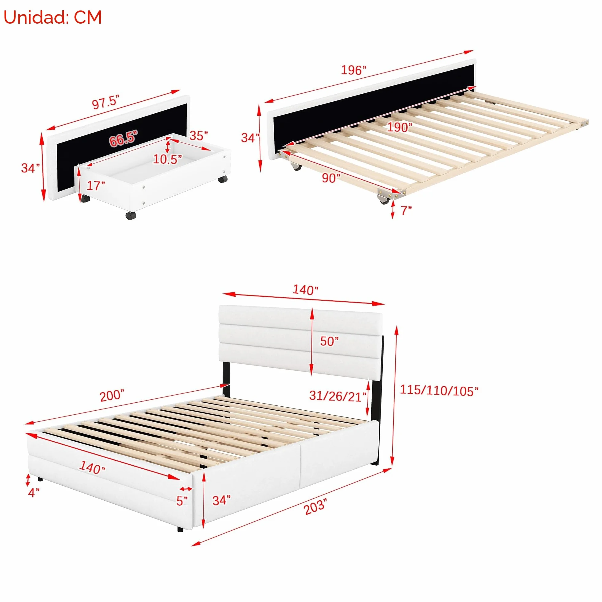 Moimhear Cama doble de plataforma con dos cajones con ruedas, 140 x 200 cm, para dos personas, beis