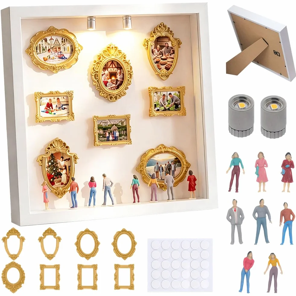Mini caja de silueta de museo, nuevo kit creativo de visualización de recuerdos, mini marco de fotos vintage con marco dorado, para aniversario, boda, decoración del hogar (blanco)